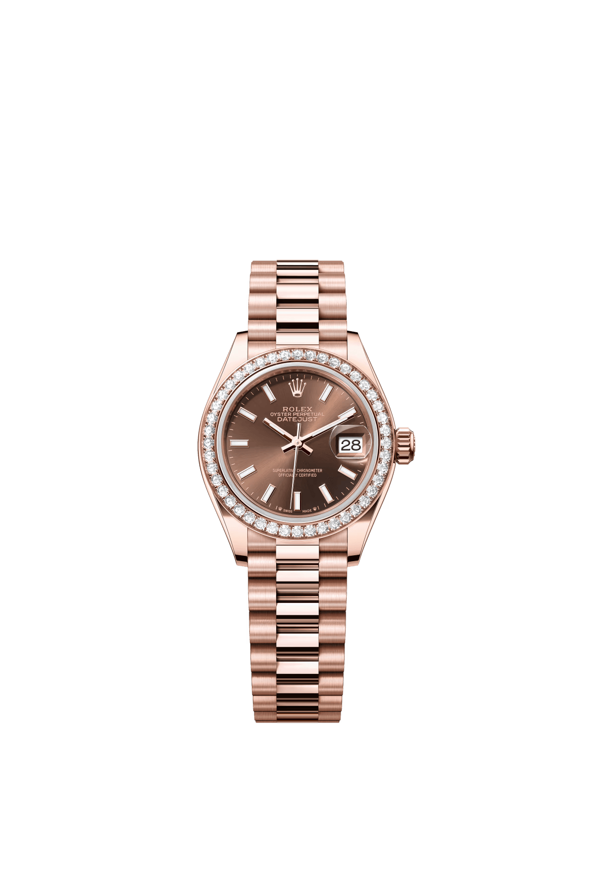 The Oyster Perpetual Lady-Datejust in 18-carat Everose gold with a chocolate-coloured dial and President bracelet. -m279135rbr-0005 28mm
