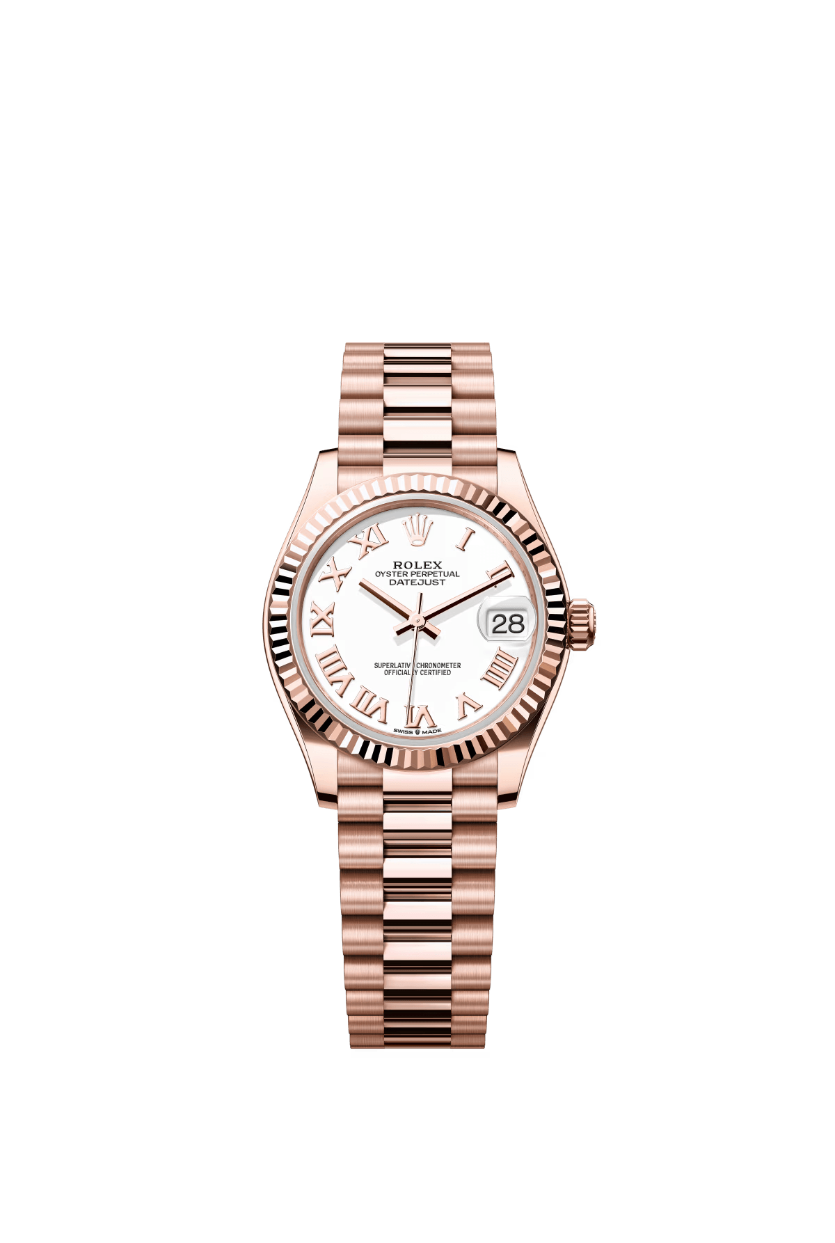 The Oyster Perpetual Datejust 31 in 18-carat Everose gold with a white dial and President bracelet. -m278275-0019
