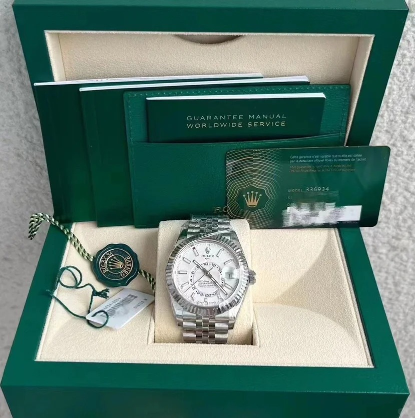 The Oyster Perpetual Sky-Dweller is available in white gold and Oystersteel with a mellow white dial and a Jubilee bracelet. -m336934-0004 42mm