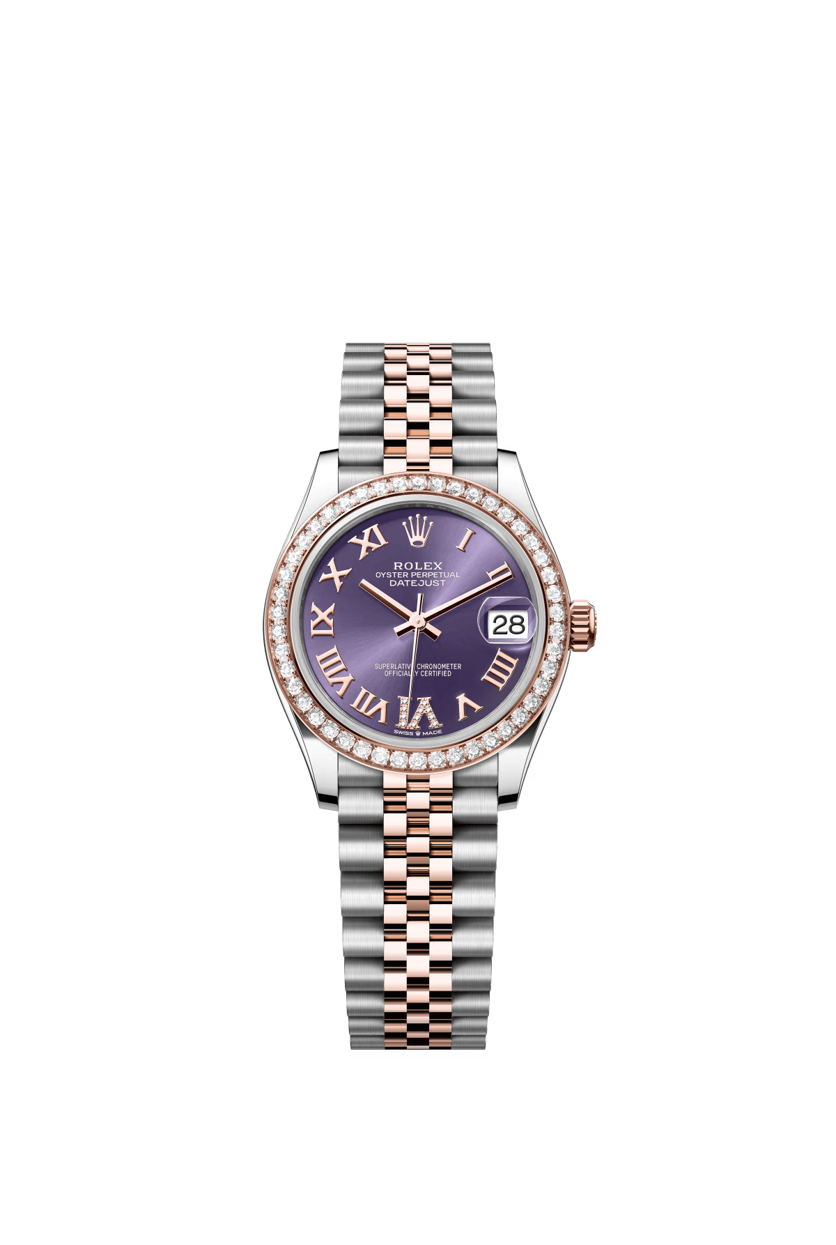 The Oyster Perpetual Datejust 31 is available in Everose gold and Oystersteel with a diamond-set eggplant purple dial and a Jubilee bracelet. -m278381rbr-0020