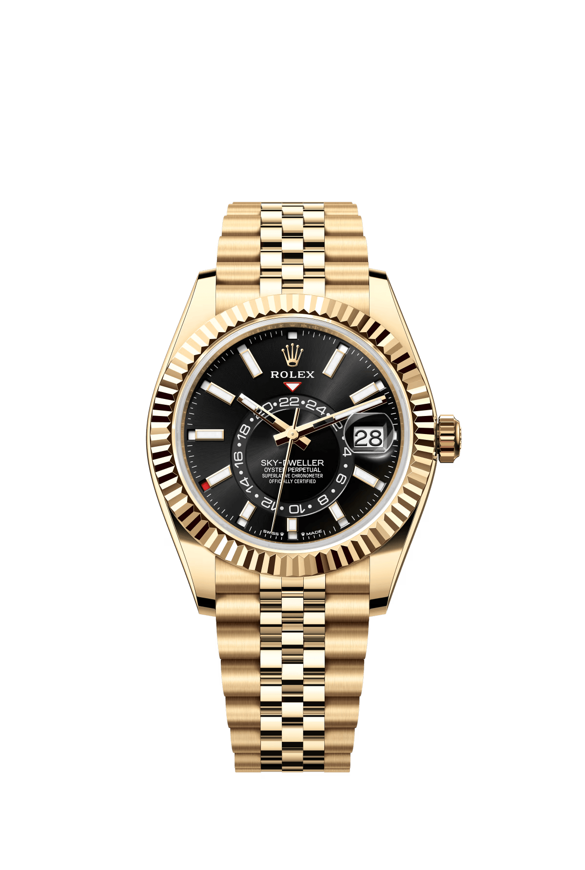 The Oyster Perpetual Sky-Dweller is available in 18 ct yellow gold with a glossy black dial and a Jubilee bracelet. -m336938-0005 42mm