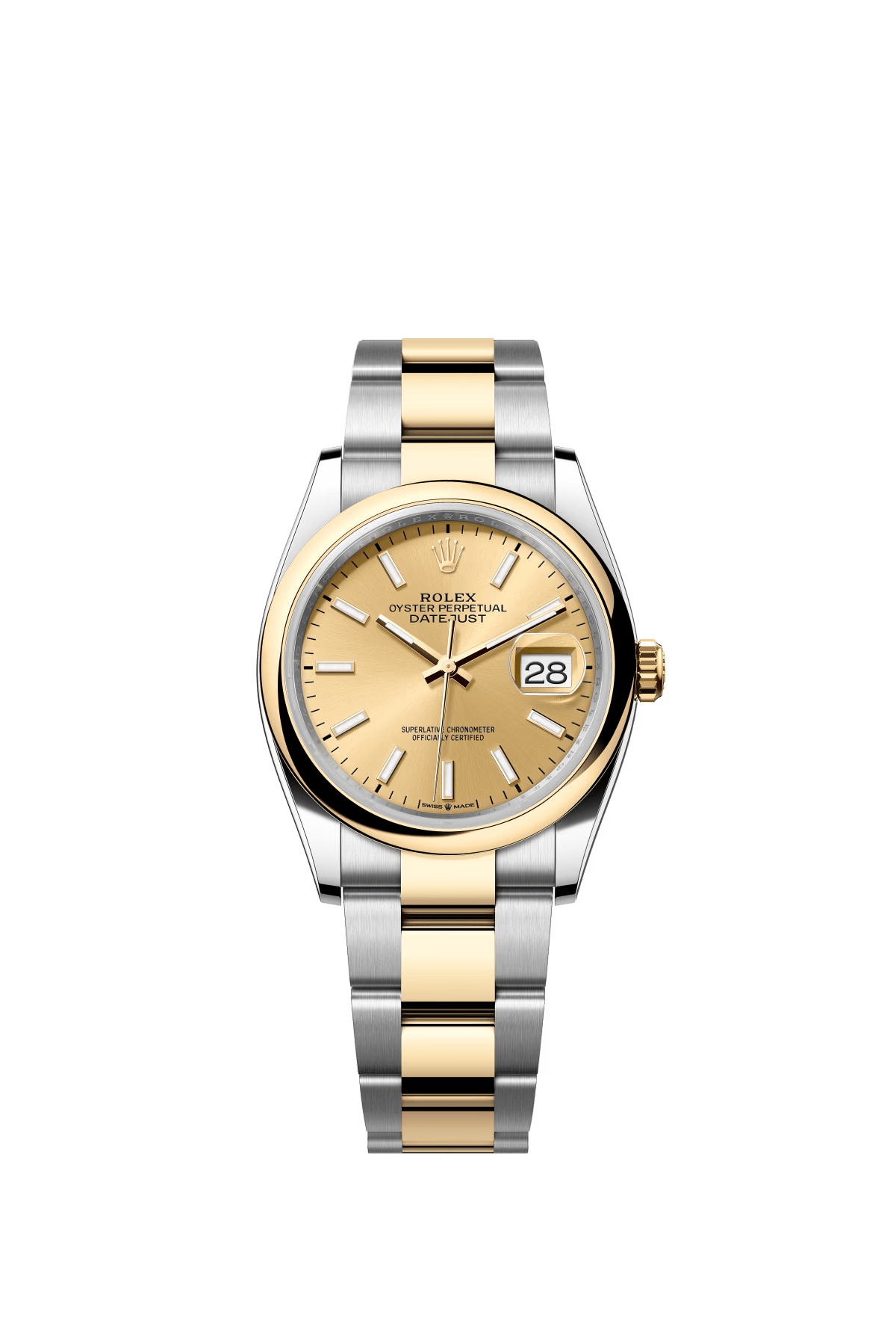 The Oyster Perpetual Datejust 36 is available in yellow gold and Oysteel, with a champagne-coloured dial and an Oyster bracelet. -m126203-0016