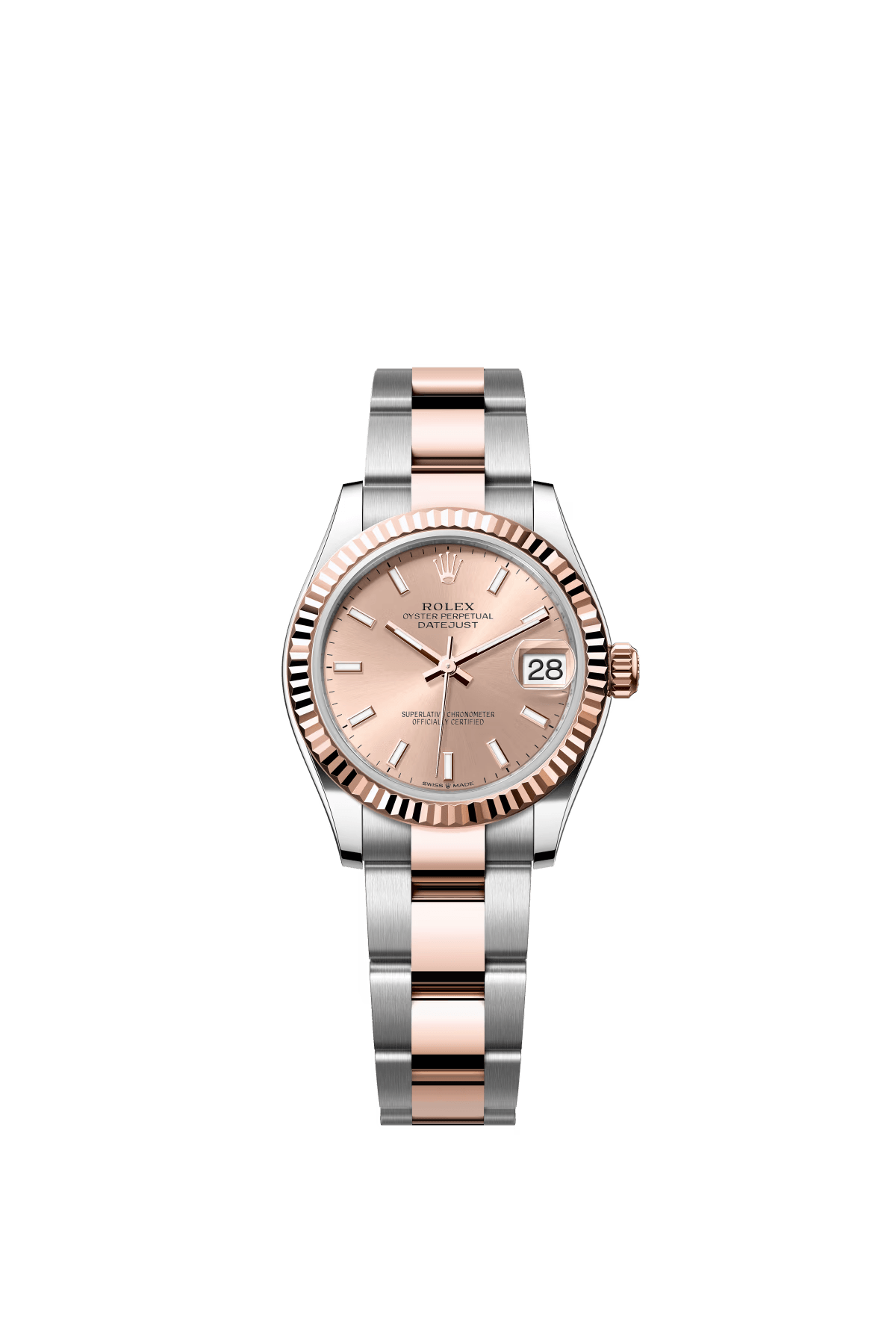 The Oyster Perpetual Datejust 31 is available in Everose gold and Oystersteel, with a rose gold-tone dial and an Oyster bracelet. -m278271-0009