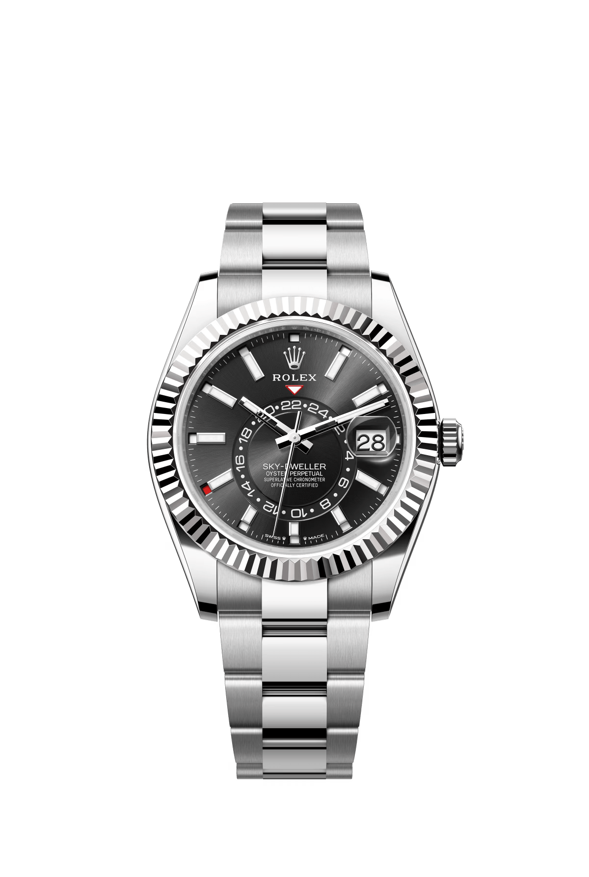 The Oyster Perpetual Sky-Dweller is available in white gold and Oysteel, with a glossy black dial and an Oyster bracelet. -m336934-0007 42mm