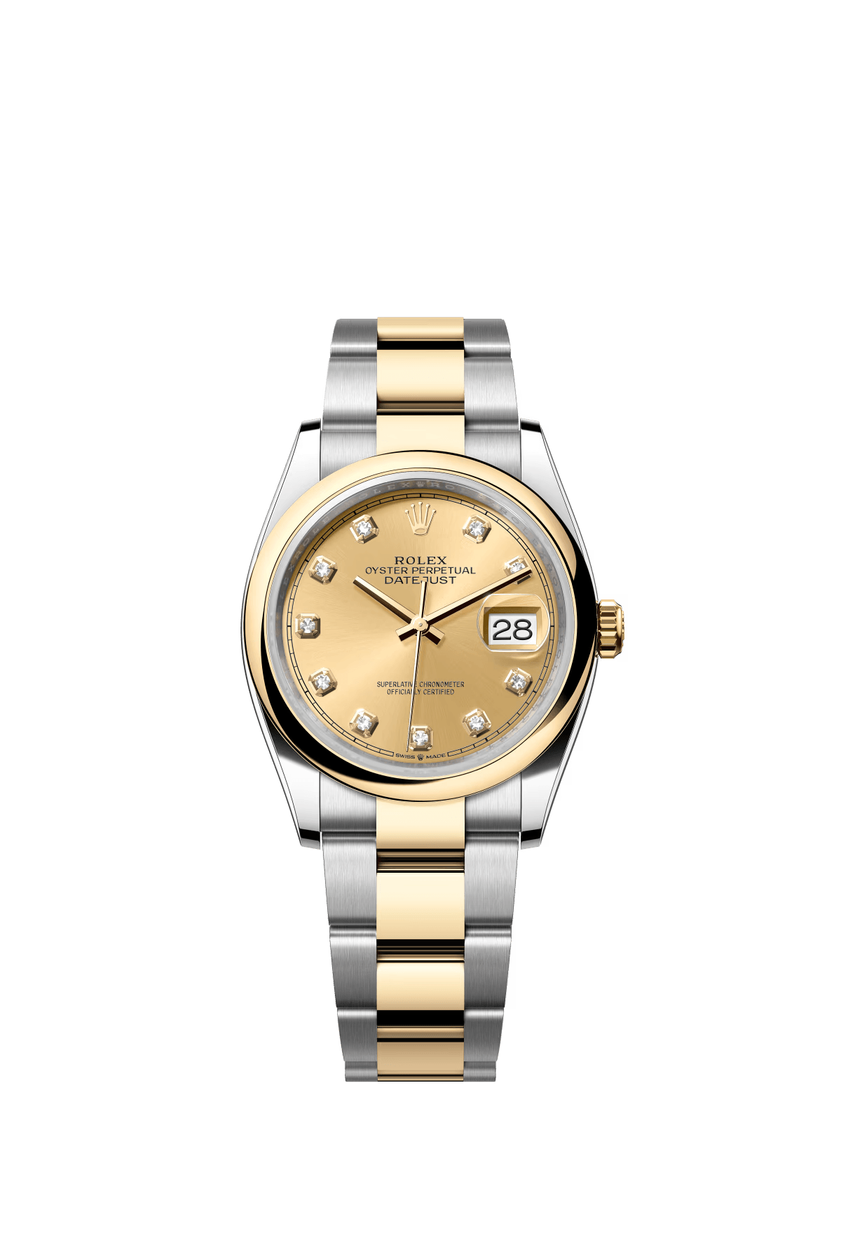 The Oyster Perpetual Datejust 36 in yellow gold and Oysteel with a diamond-set champagne dial and an Oyster bracelet. -m126203-0018
