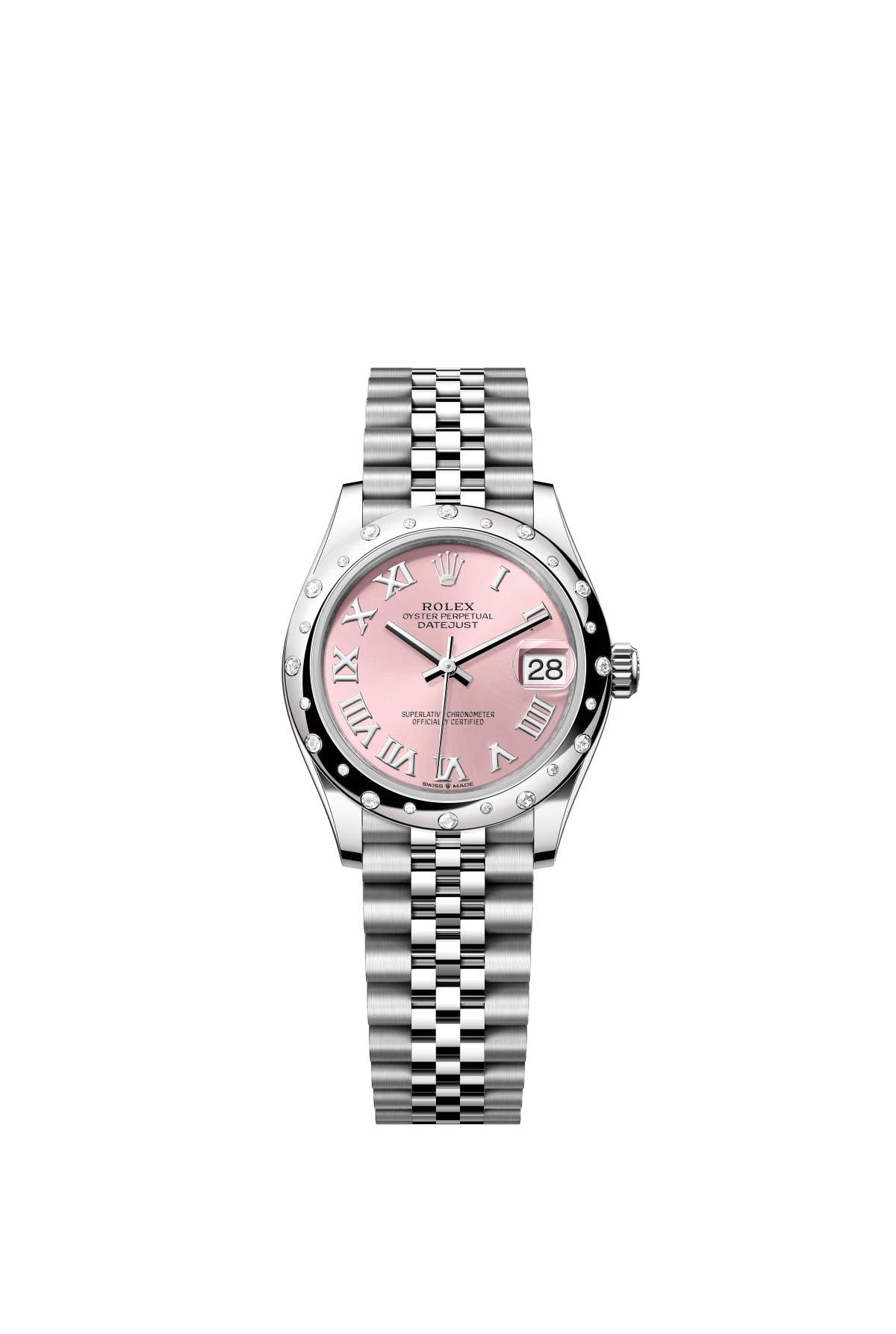 The Oyster Perpetual Datejust 31 is available in white gold and Oystersteel with a pink dial and a Jubilee bracelet. -m278344rbr-0022