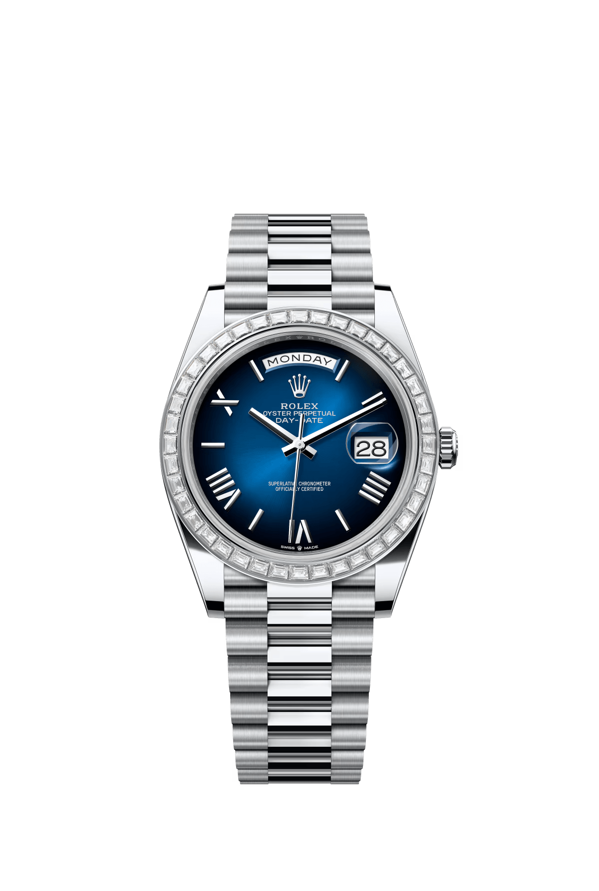 The Oyster Perpetual Day-Date 40 in platinum with a gradient blue dial, diamond-set bezel and President bracelet. -m228396tbr-0042