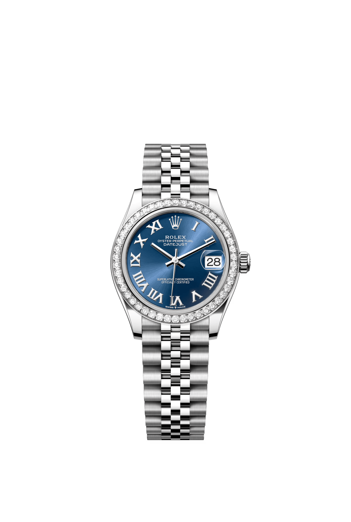The Oyster Perpetual Datejust 31 is available in white gold and Oystersteel with a bright blue dial and a Jubilee bracelet. -m278384rbr-0037