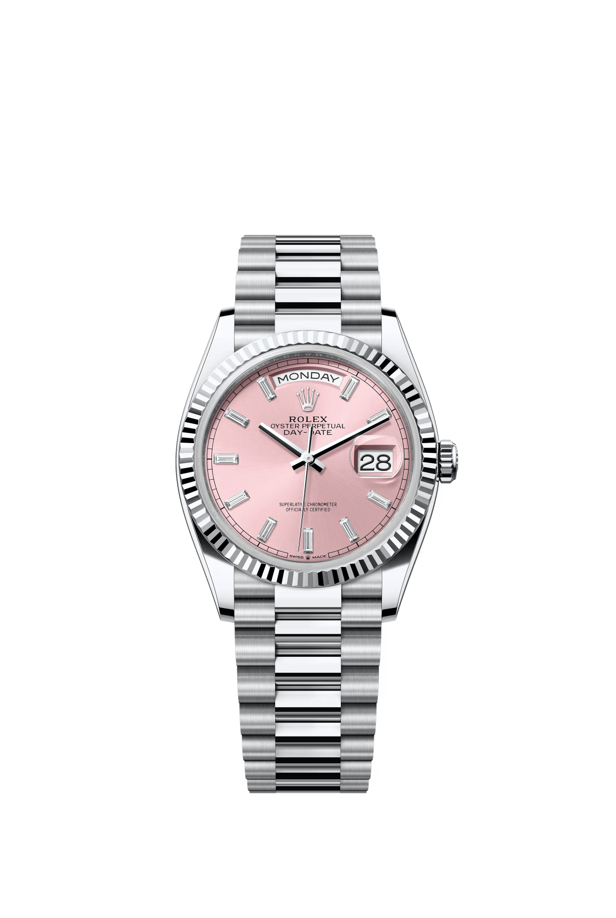 The Oyster Perpetual Day-Date 36 in platinum features a diamond-set pink dial, fluted bezel and a President bracelet. -m128236-0024