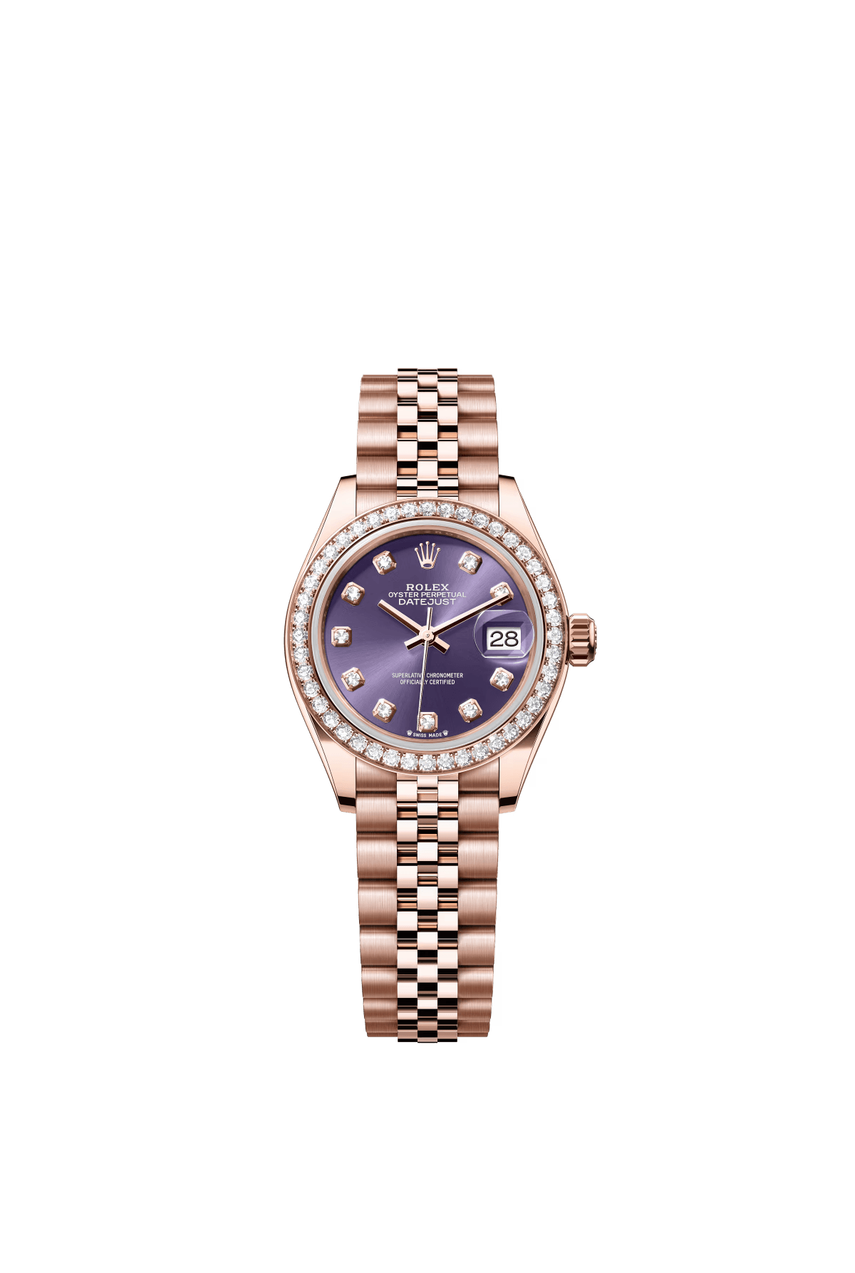 The Oyster Perpetual Lady-Datejust in 18 ct Everose gold with a diamond-set eggplant purple dial and a Jubilee bracelet. -m279135rbr-0011 28mm