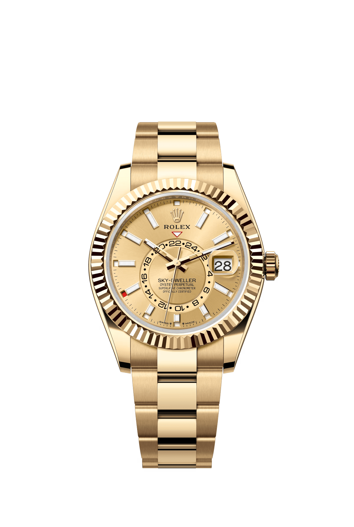 The Oyster Perpetual Sky-Dweller is available in 18 ct yellow gold with a champagne-coloured dial and an Oyster bracelet. -m336938-0001 42mm