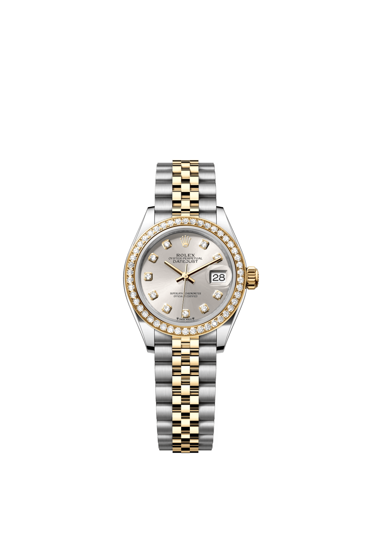The Oyster Perpetual Lady-Datejust in yellow gold and Oystersteel with a silver-toned diamond-set dial and a Jubilee bracelet. -m279383rbr-0007 28mm