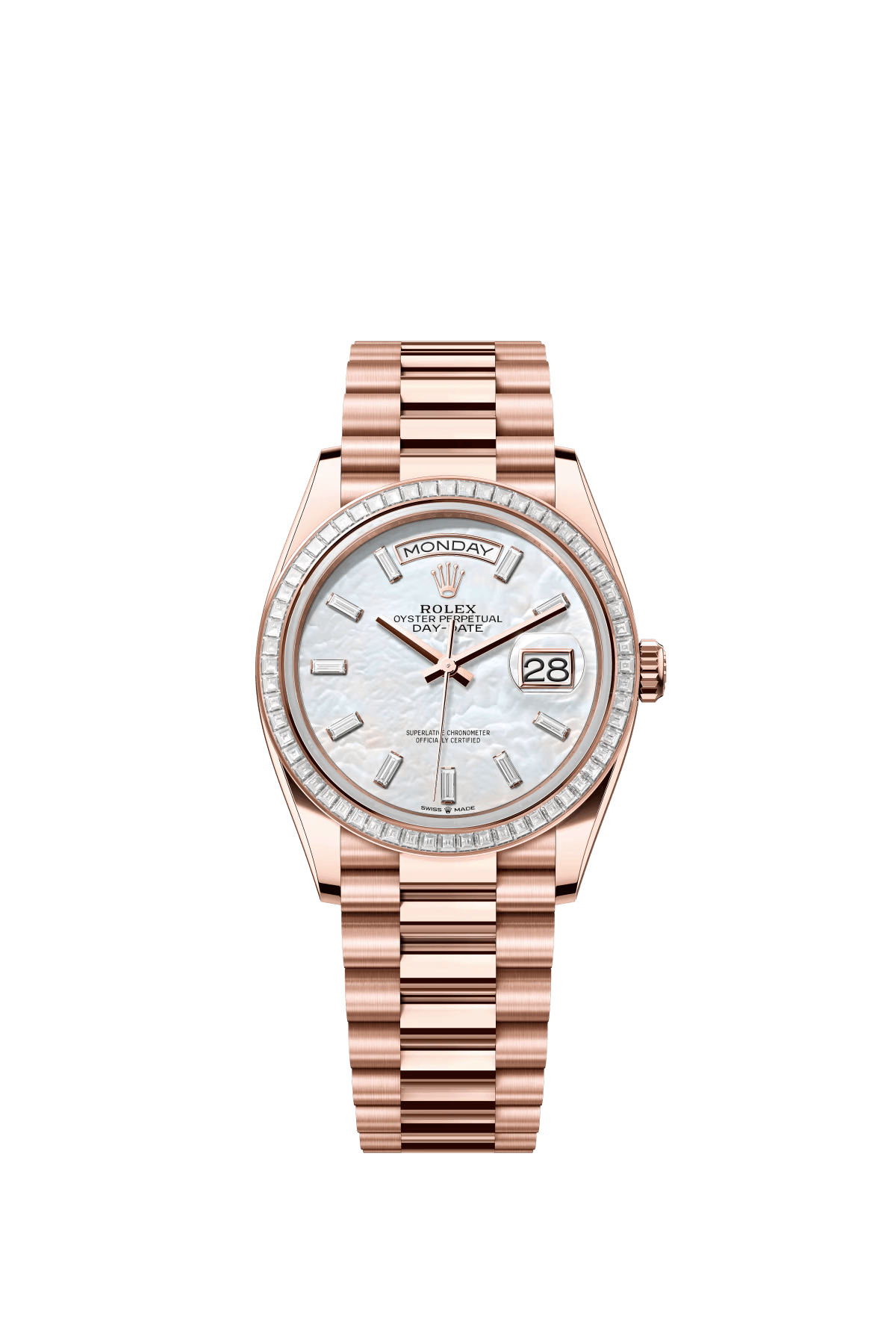 The Oyster Perpetual Day-Date 36 in 18 ct Everose gold features a diamond-set white mother-of-pearl dial, a diamond-set bezel and a President bracelet. -m128395tbr-0026