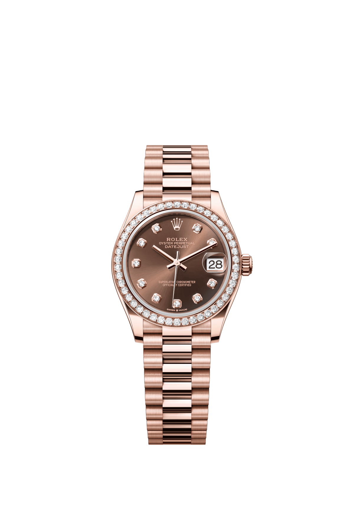 The Oyster Perpetual Datejust 31 in 18 ct Everose gold with a chocolate-coloured diamond-set dial and a President bracelet. -m278285rbr-0006