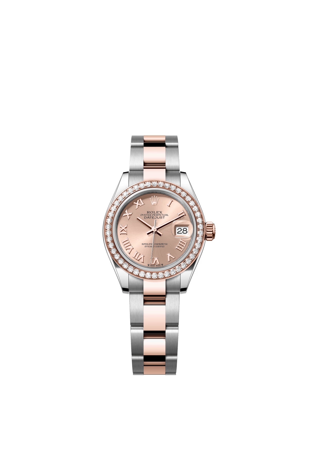 The Oyster Perpetual Lady-Datejust is available in Everose gold and Oystersteel, with a rose gold dial and an Oyster bracelet. -m279381rbr-0026 28mm