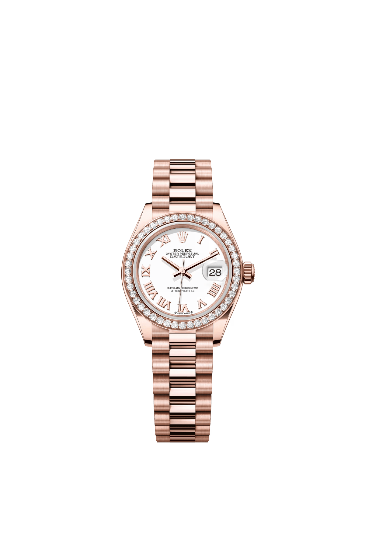 The Oyster Perpetual Lady-Datejust in 18-carat Everose gold with a white dial and President bracelet. -m279135rbr-0023 28mm