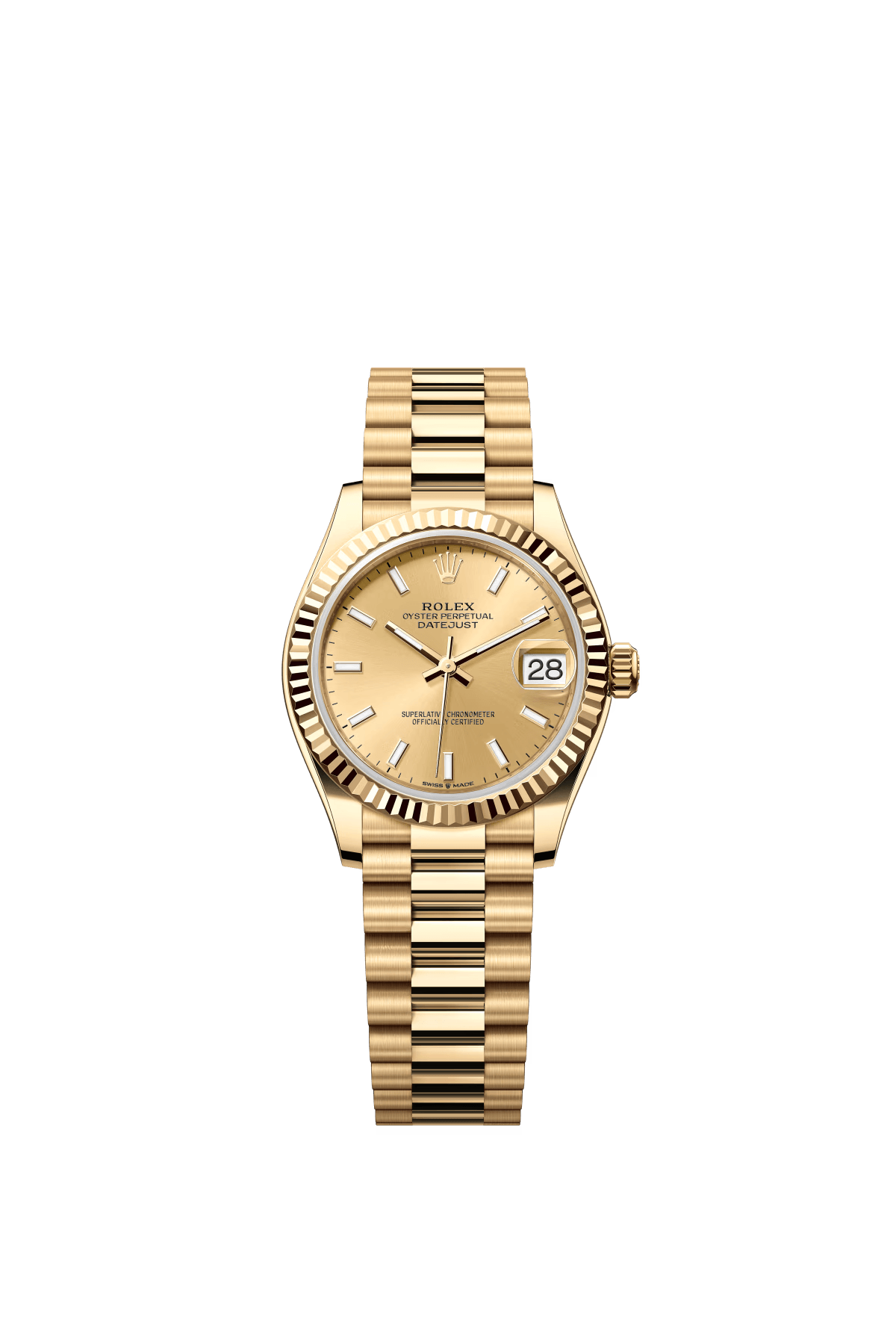 The Oyster Perpetual Datejust 31 is in 18 ct yellow gold with a champagne-coloured dial and a President bracelet. -m278278-0040