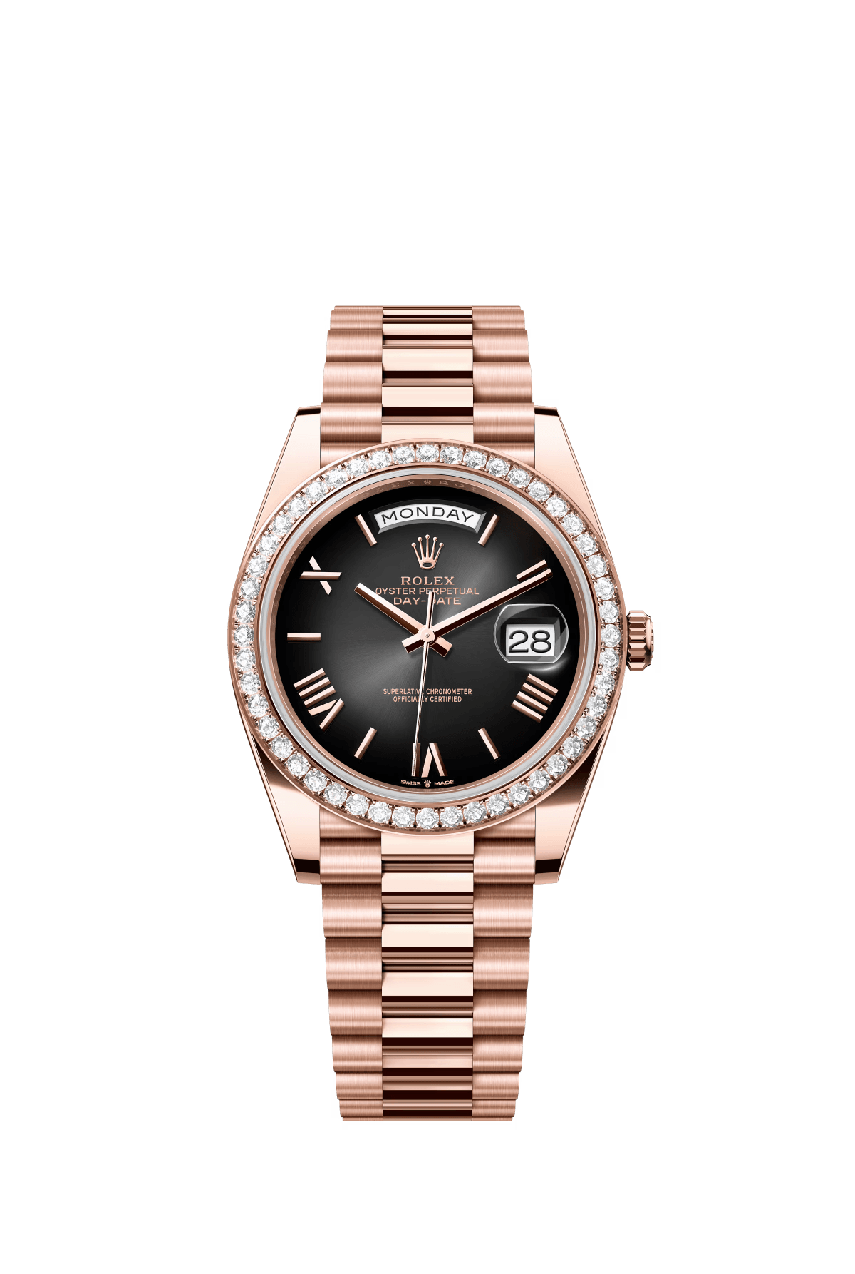 The Oyster Perpetual Day-Date 40 in 18-carat Everose gold features a grey gradient slate dial, a diamond-set bezel and a President bracelet. -m228345rbr-0025
