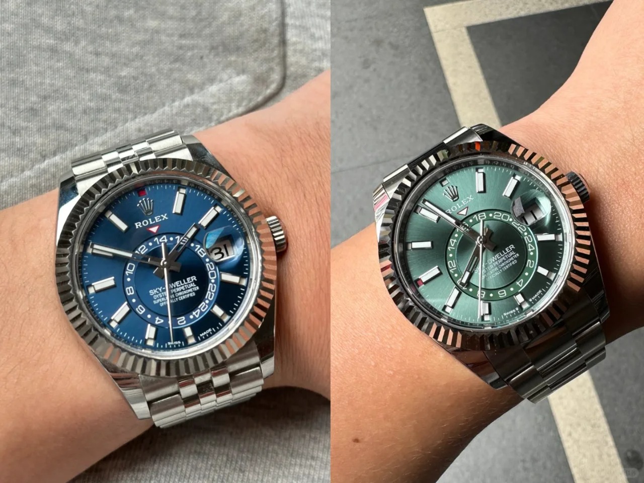 The Oyster Perpetual Sky-Dweller is available in white gold and Oystersteel with a mint green dial and a Jubilee bracelet. -m336934-0002 42mm