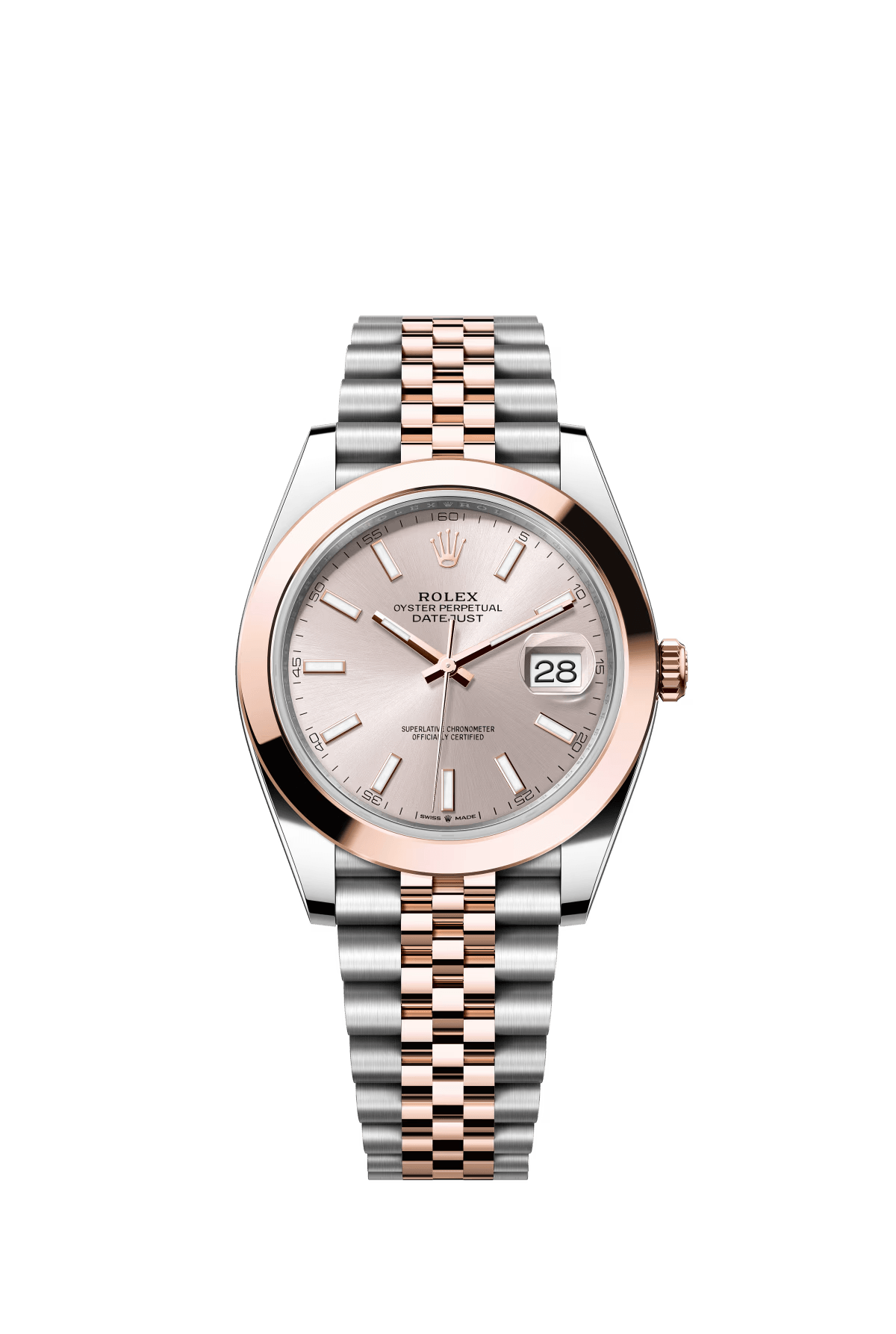 The Oyster Perpetual Datejust 41 is available in Everose gold and Oystersteel with a sunrise gold dial and a Jubilee bracelet. -m126301-0010