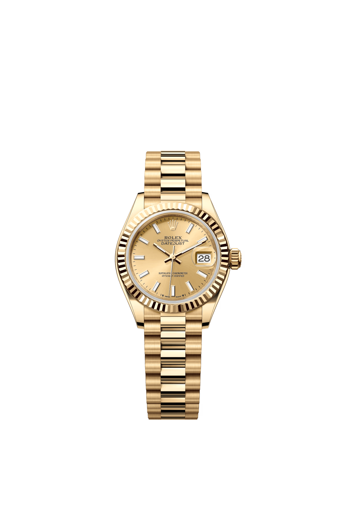The Oyster Perpetual Lady-Datejust in 18 ct yellow gold with a champagne-coloured dial and President bracelet. -m279178-0001 28mm