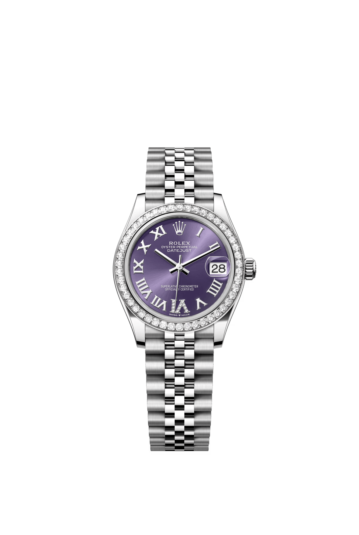 The Oyster Perpetual Datejust 31 is available in white gold and Oystersteel with a diamond-set eggplant purple dial and a Jubilee bracelet. -m278384rbr-0030