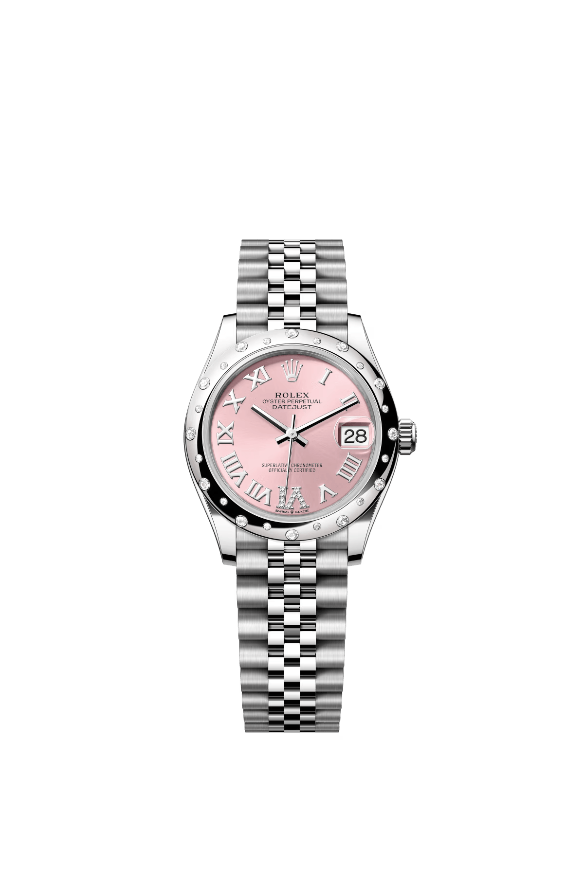 The Oyster Perpetual Datejust 31 is available in white gold and Oystersteel with a pink diamond-set dial and a Jubilee bracelet. -m278344rbr-0026