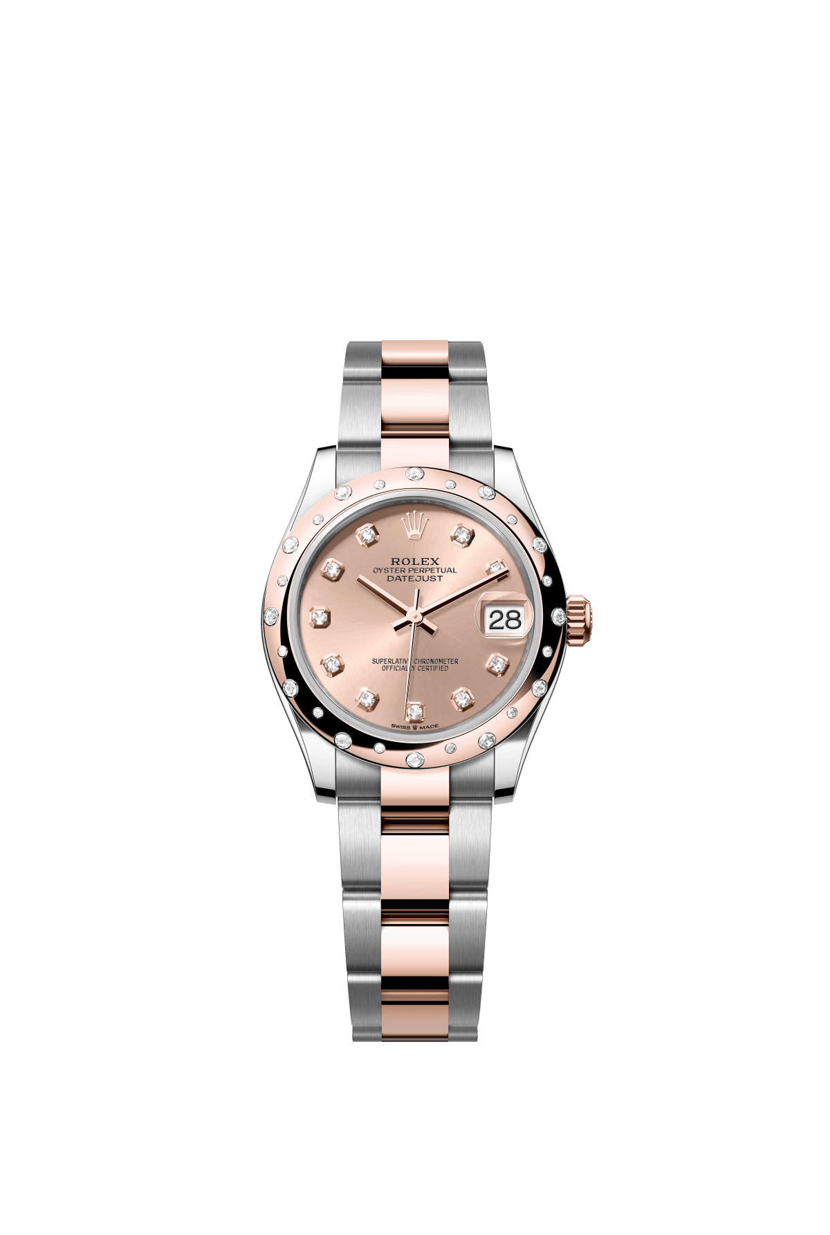 The Oyster Perpetual Datejust 31 is available in Everose gold and Oystersteel, with a rose gold-colour dial set with diamonds and an Oyster bracelet. -m278341rbr-0023