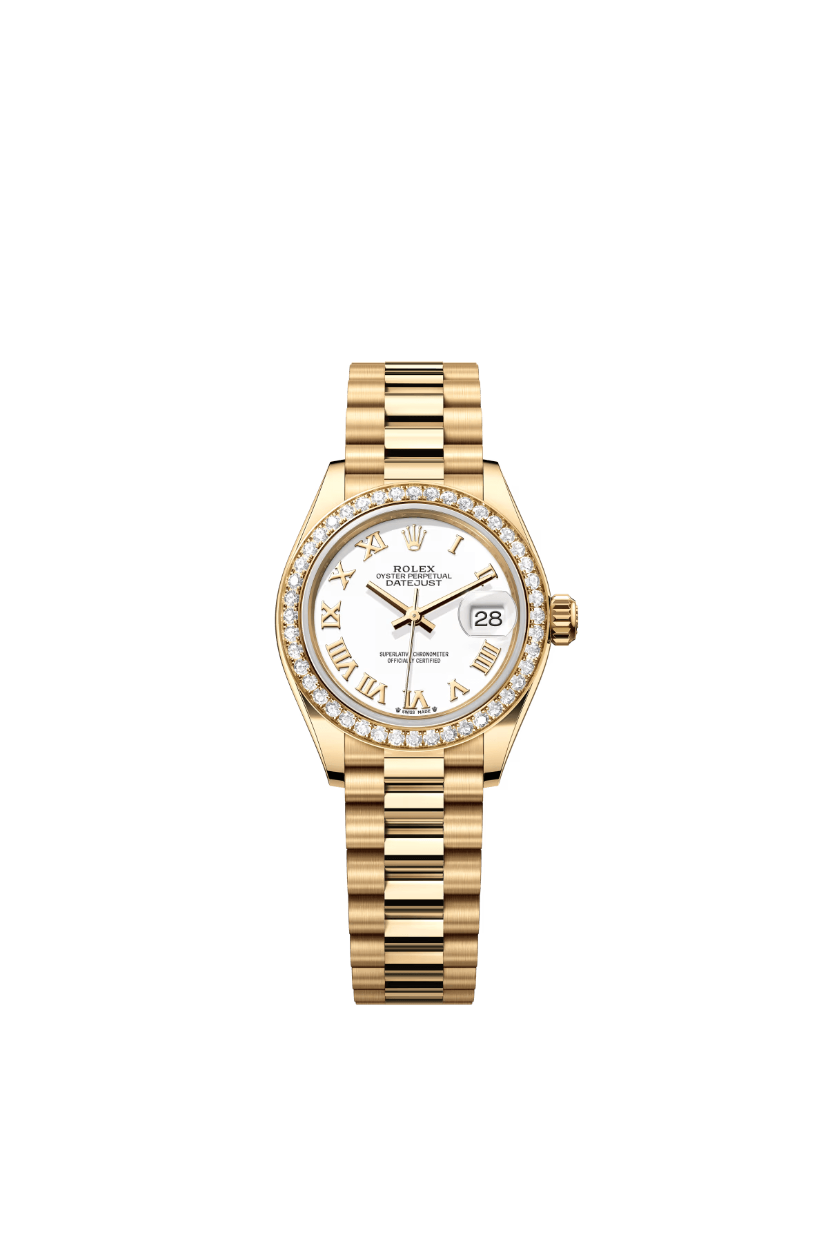 The Oyster Perpetual Lady-Datejust in 18 ct yellow gold with a white dial and President bracelet. -m279138rbr-0031 28mm