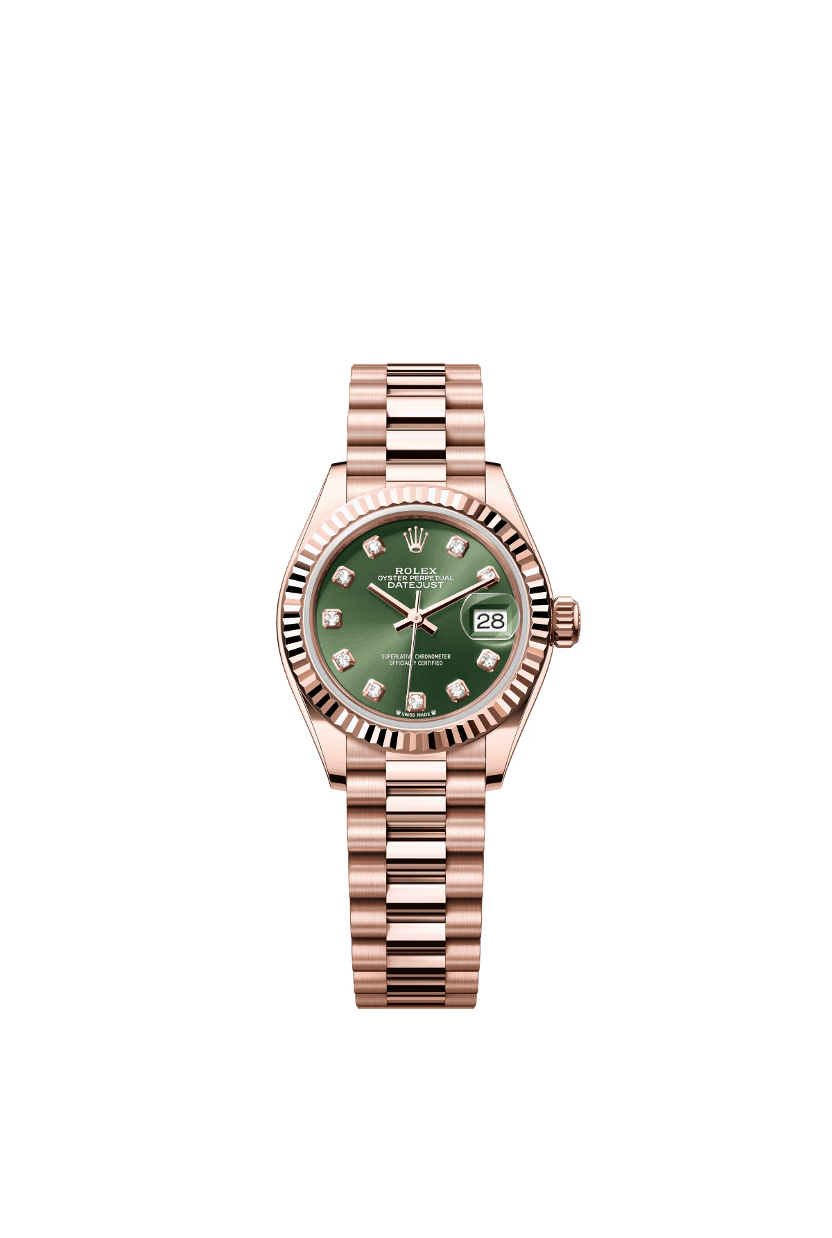 The Oyster Perpetual Lady-Datejust in 18-carat Everose gold with a diamond-set olive green dial and a President bracelet. -m279175-0009 28mm