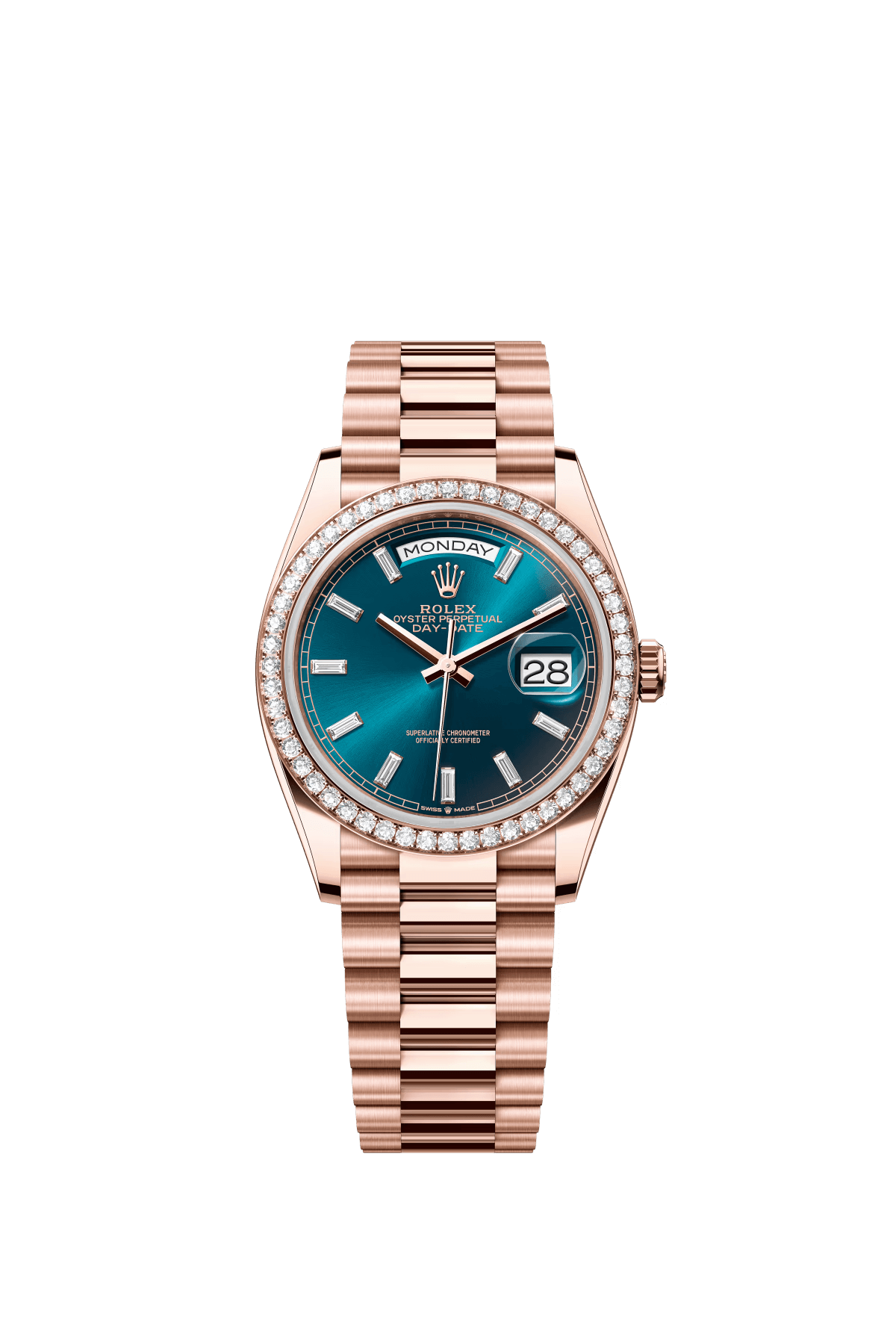 The Oyster Perpetual Day-Date 36 in 18-carat Everose gold with a diamond-set blue dial, diamond-set bezel and President bracelet. -m128345rbr-0083
