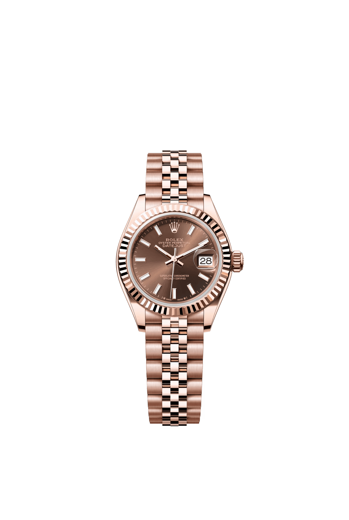 The Oyster Perpetual Lady-Datejust in 18-carat Everose gold with a chocolate-coloured dial and a Jubilee bracelet. -m279175-0008 28mm