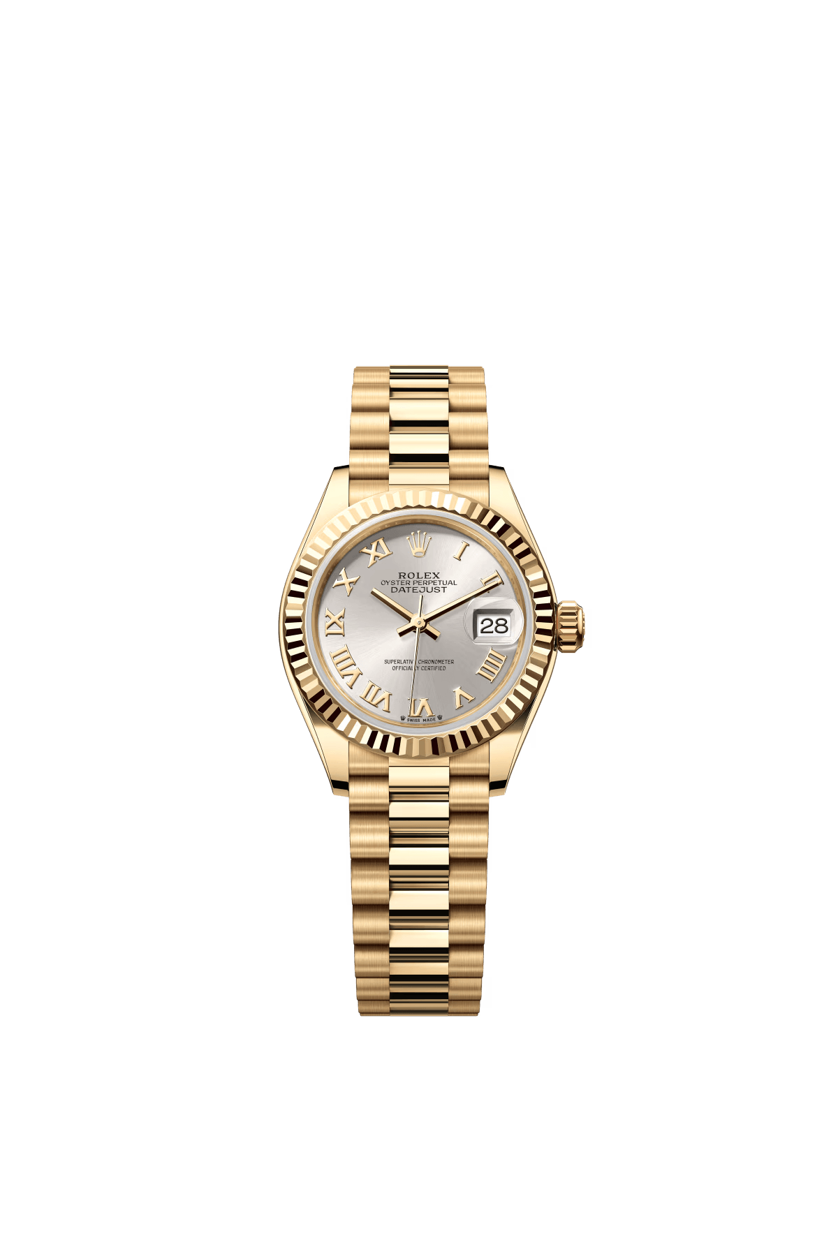 The Oyster Perpetual Lady-Datejust in 18 ct yellow gold with a silver dial and President bracelet. -m279178-0020 28mm