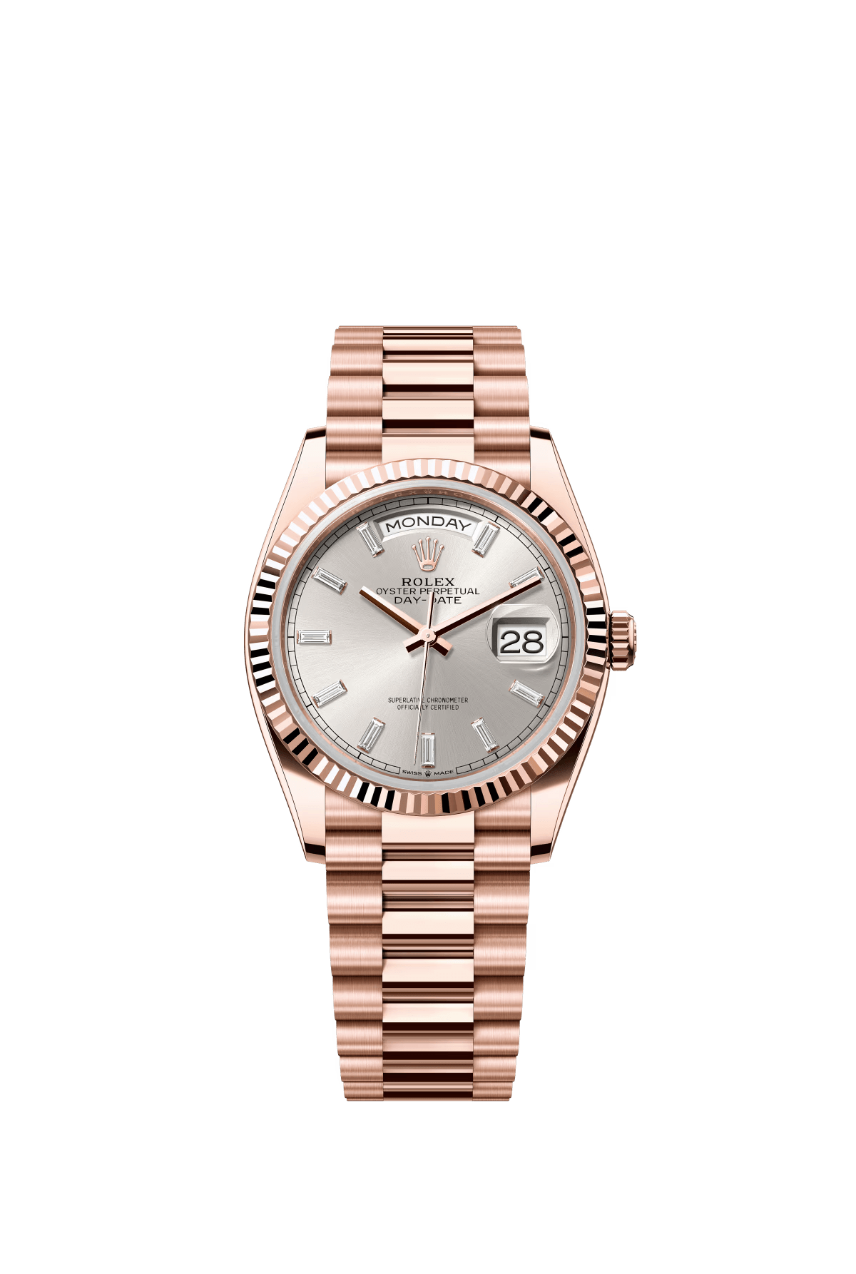 The Oyster Perpetual Day-Date 36 in 18 ct Everose gold features a diamond-set silver dial, fluted bezel and President bracelet. -m128235-0087