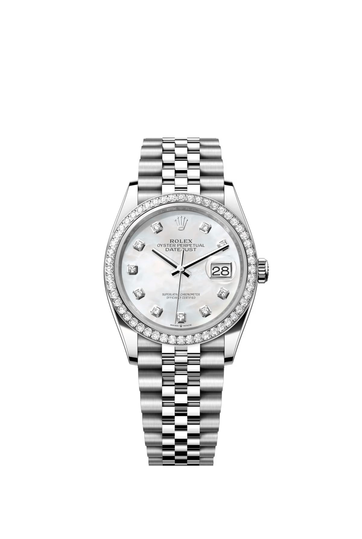 The Oyster Perpetual Datejust 36 in white gold and Oystersteel with a diamond-set white mother-of-pearl dial and a Jubilee bracelet. -m126284rbr-0011