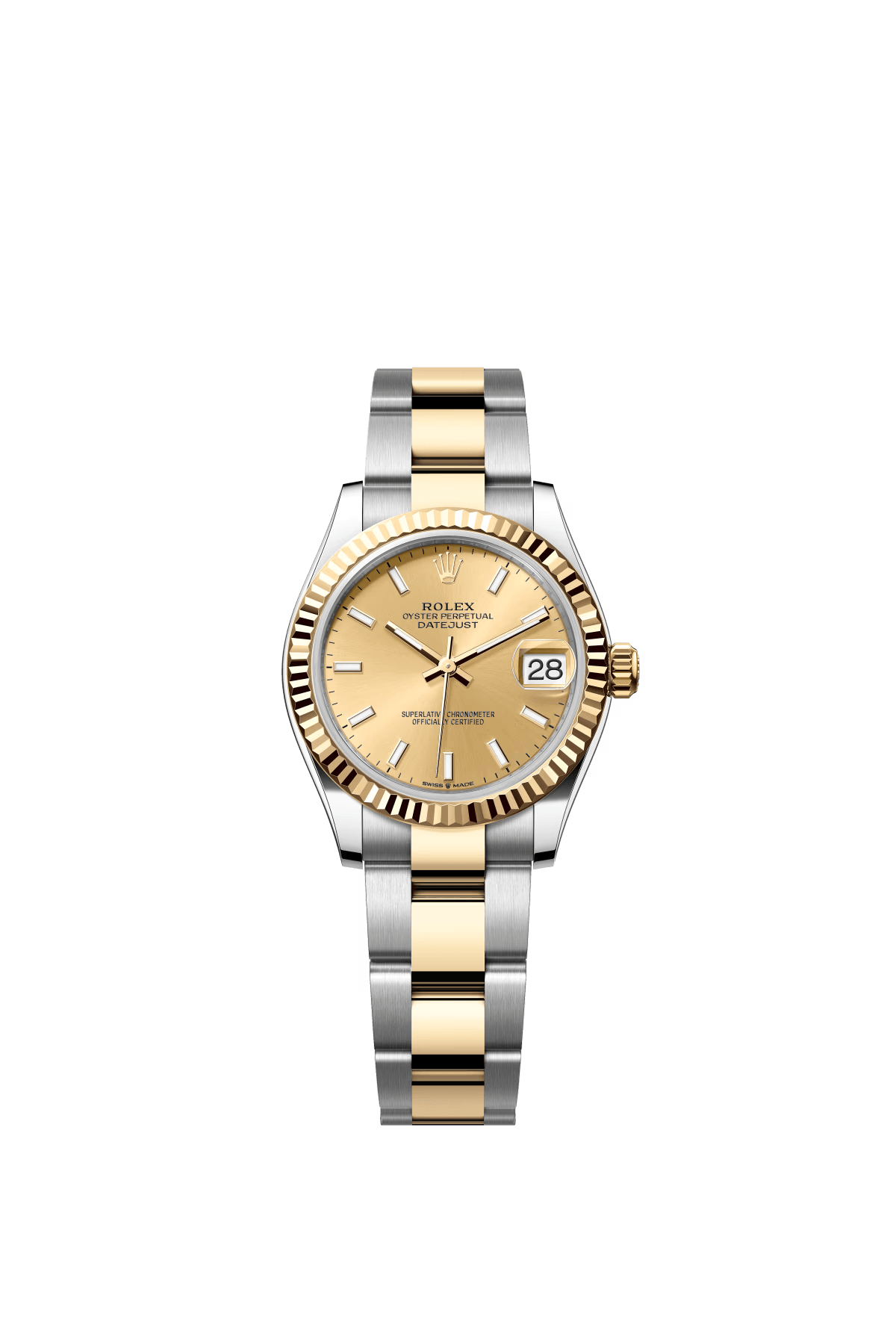 The Oyster Perpetual Datejust 31 is available in yellow gold and Oysteel, with a champagne-coloured dial and an Oyster bracelet. -m278273-0013