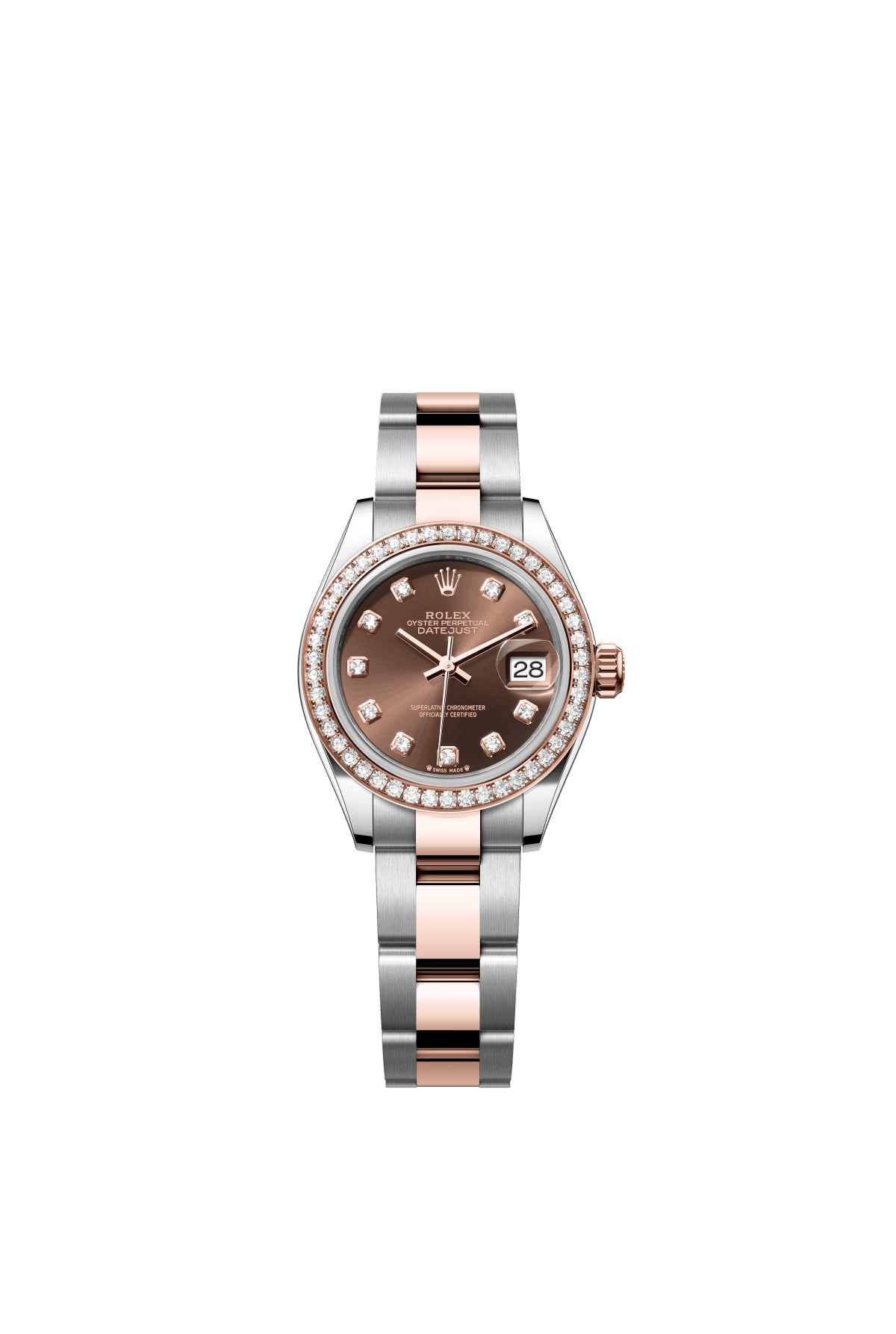 The Oyster Perpetual Lady-Datejust in Everose gold and Oystersteel with a chocolate-coloured diamond-set dial and an Oyster bracelet. -m279381rbr-0012 28mm