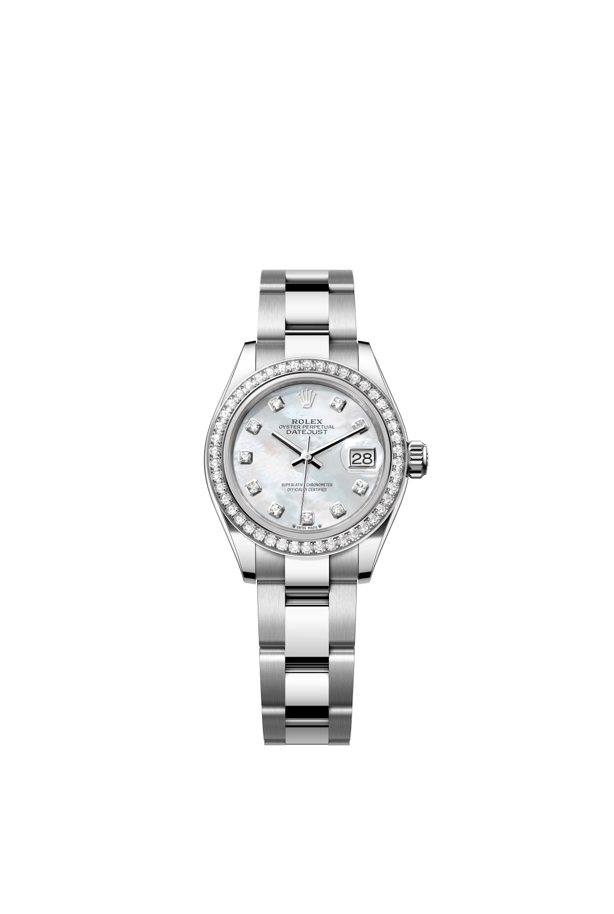 The Oyster Perpetual Lady-Datejust in white gold and Oystersteel with a diamond-set white mother-of-pearl dial and an Oyster bracelet. -m279384rbr-0012 28mm