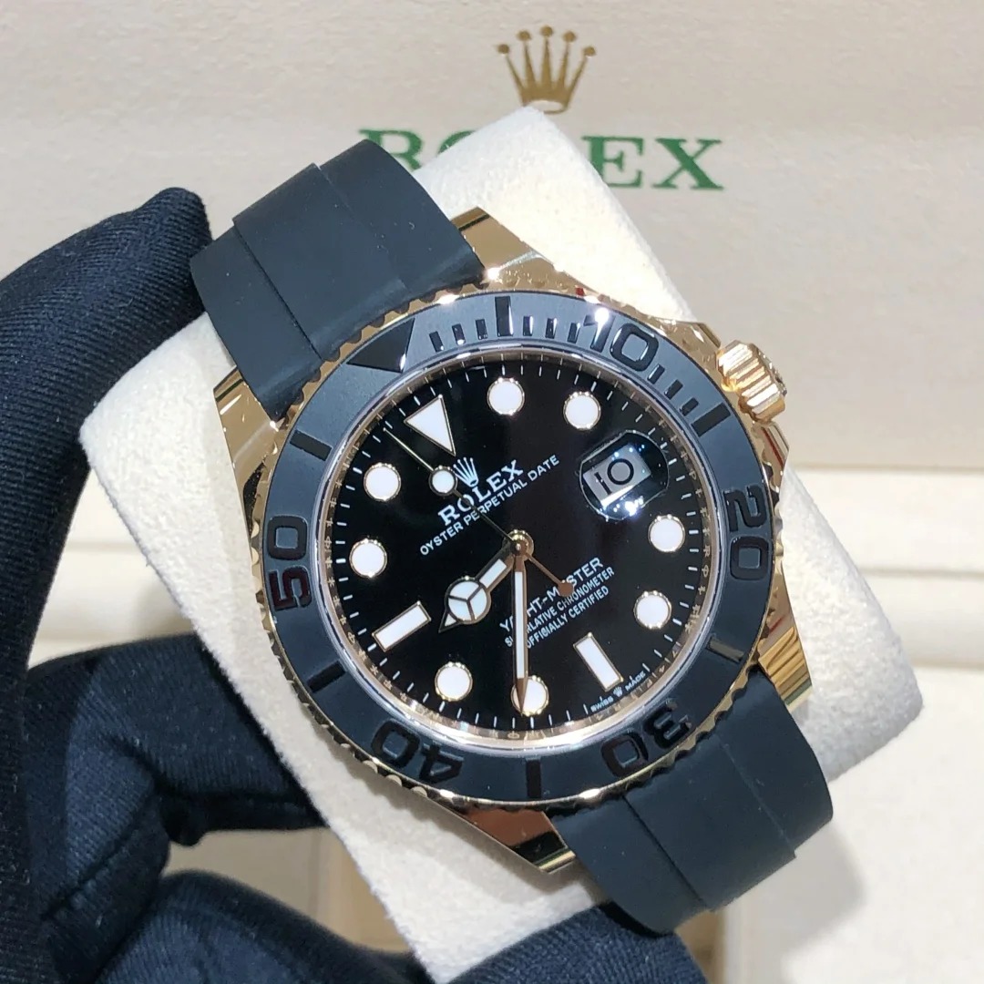 The Oyster Perpetual Yacht-Master 42 is available in 18 ct yellow gold with a black dial and an Oysterflex strap. -m226658-0001