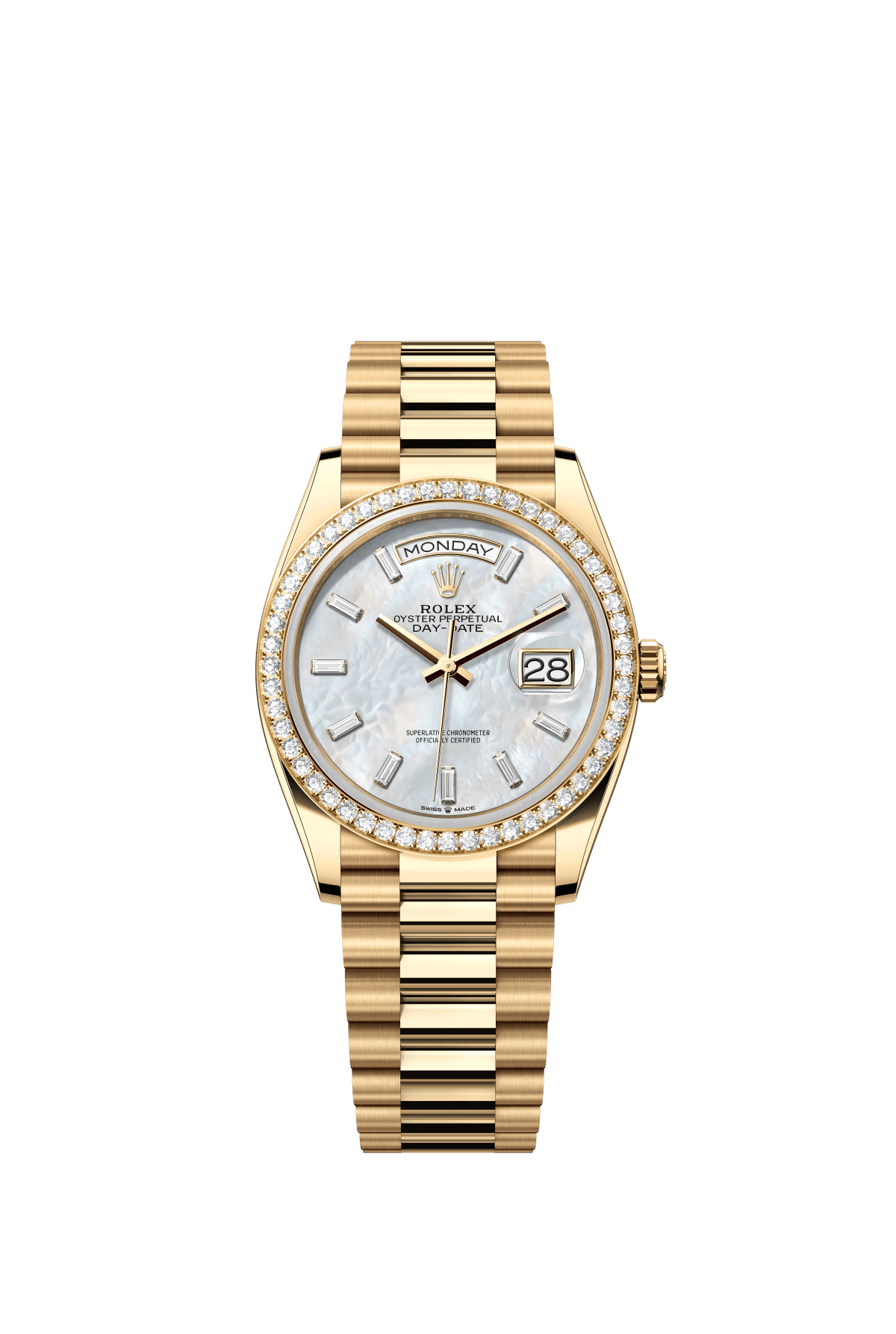 The Oyster Perpetual Day-Date 36 in 18 ct yellow gold with a diamond-set white mother-of-pearl dial, diamond-set bezel and President bracelet. -m128348rbr-0070