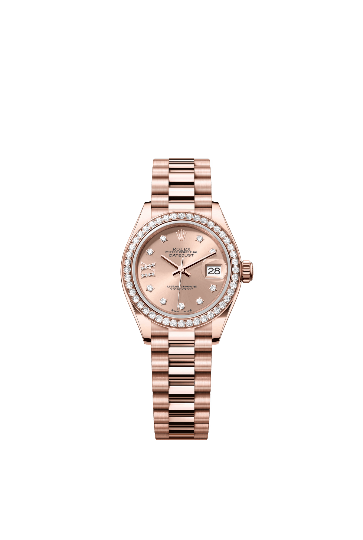 The Oyster Perpetual Lady-Datejust in 18-carat Everose gold with a rose gold-toned diamond-set dial and a President bracelet. -m279135rbr-0029 28mm