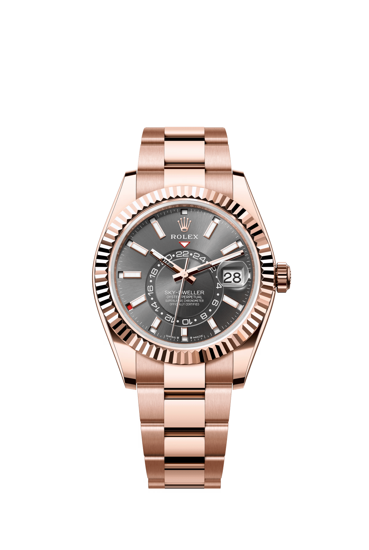 The Oyster Perpetual Sky-Dweller in 18 ct Everose gold with a slate grey dial and an Oyster bracelet. -m336935-0004 42mm