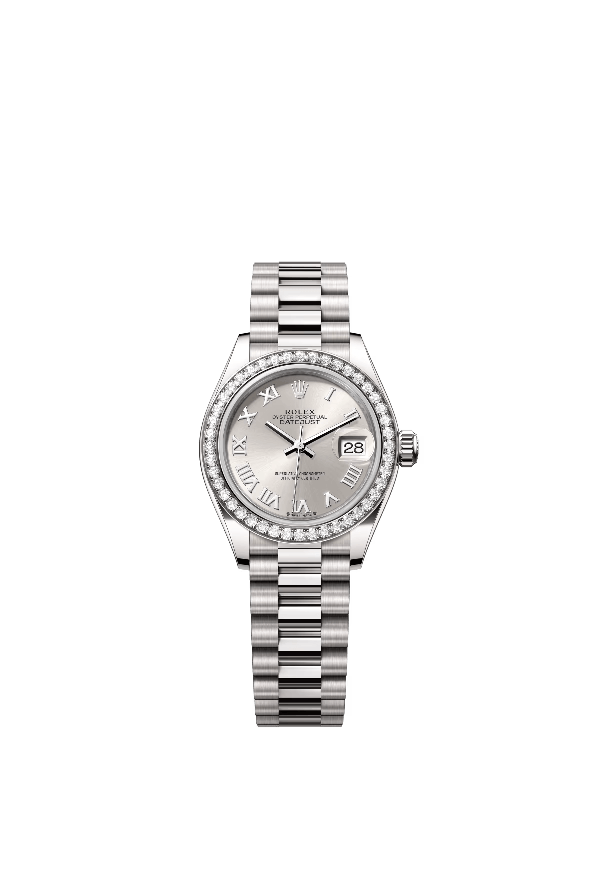 The Oyster Perpetual Lady-Datejust in 18-carat white gold with a silver dial and President bracelet. -m279139rbr-0007 28mm