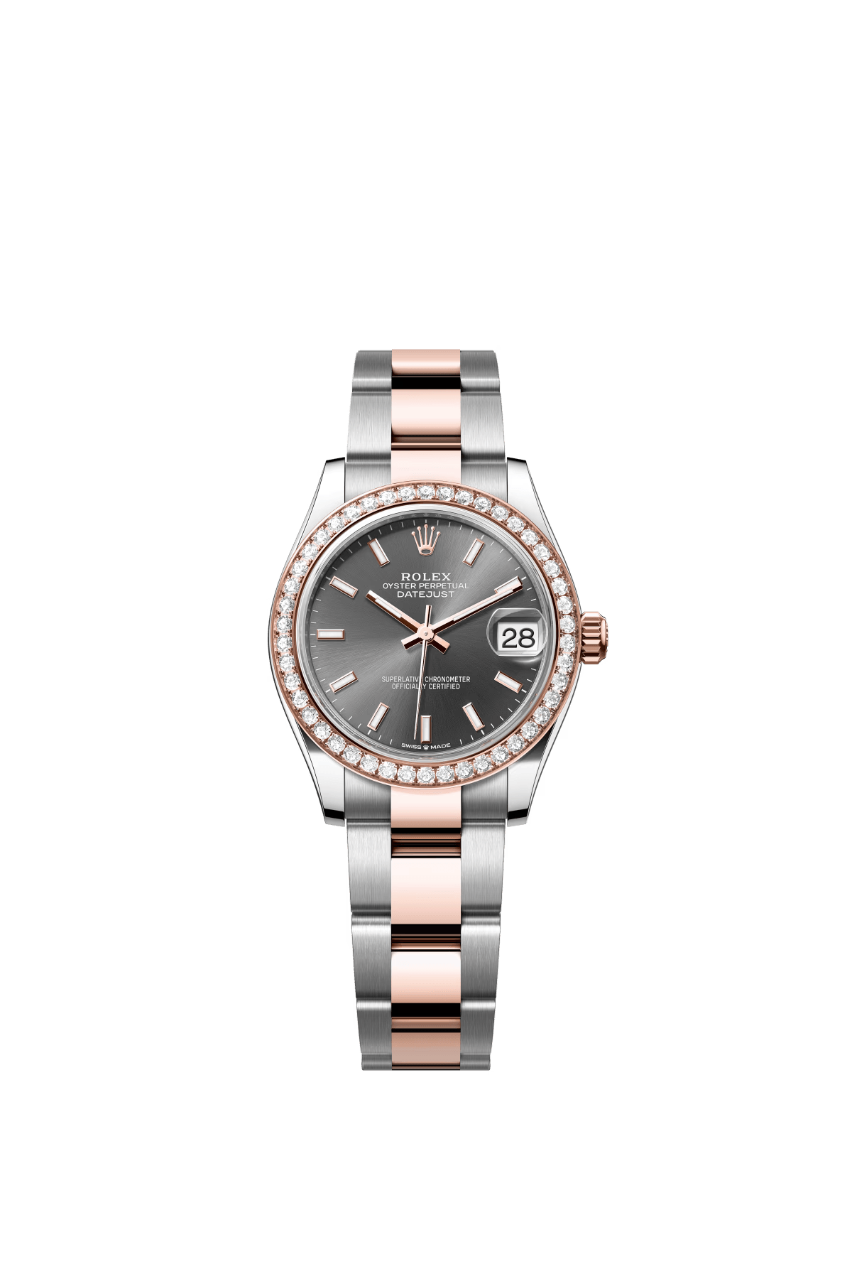 The Oyster Perpetual Datejust 31 is available in Everose gold and Oystersteel, with a slate grey dial and an Oyster bracelet. -m278381rbr-0017