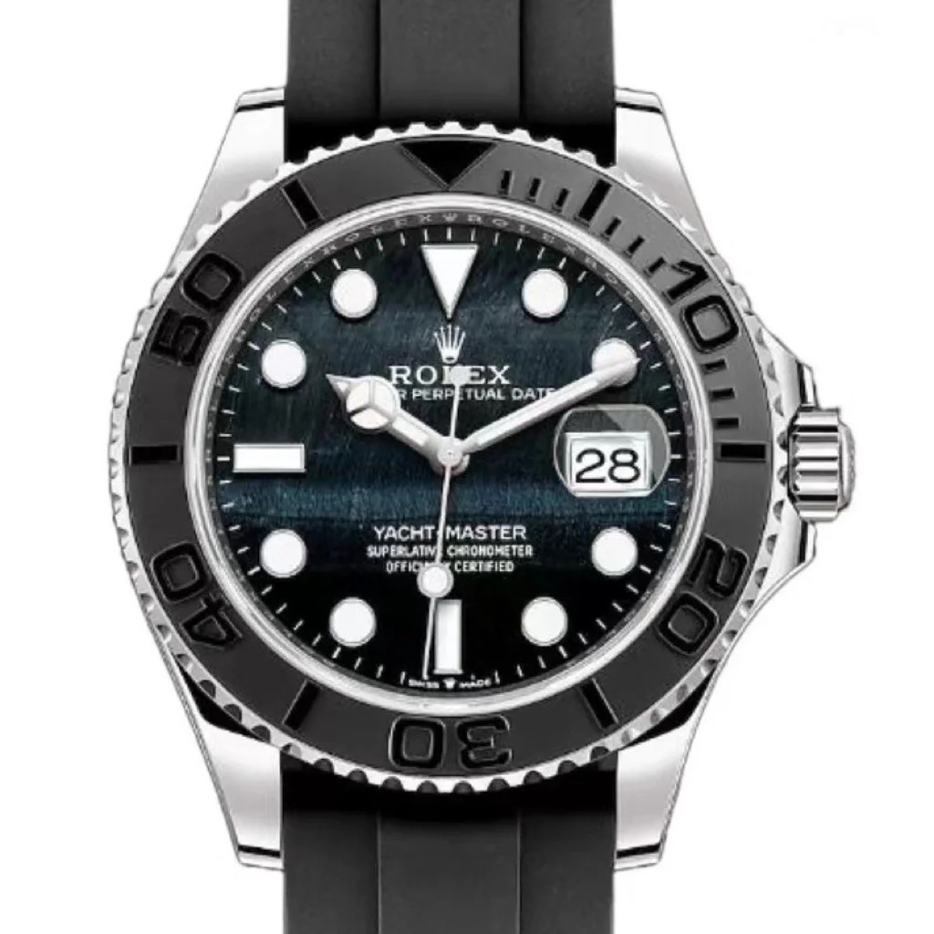The Oyster Perpetual Yacht-Master 42 is available in 18 ct white gold with an eagle eye dial and an Oysterflex strap. -m226659-0004