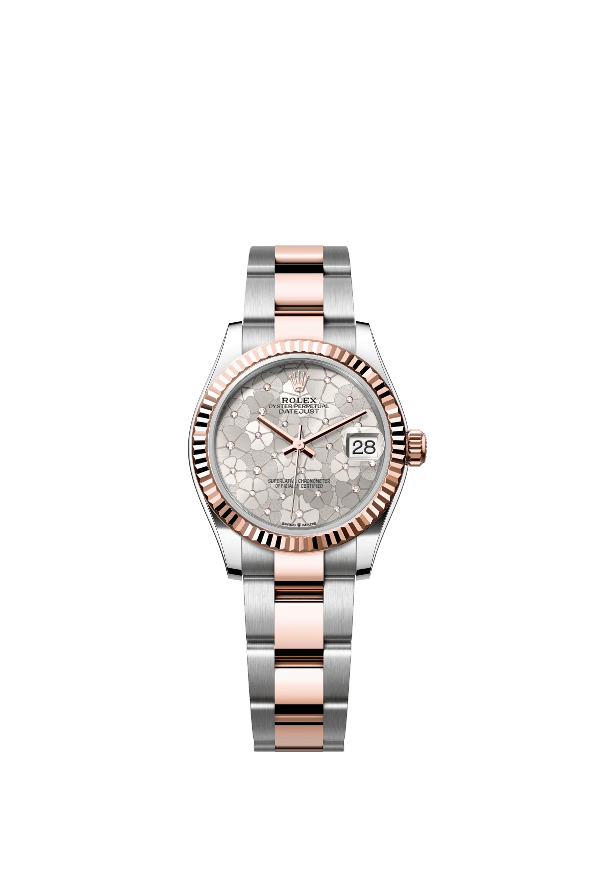 The Oyster Perpetual Datejust 31 is available in Everose gold and Oystersteel with a diamond-set silver-toned floral dial and an Oyster bracelet. -m278271-0031
