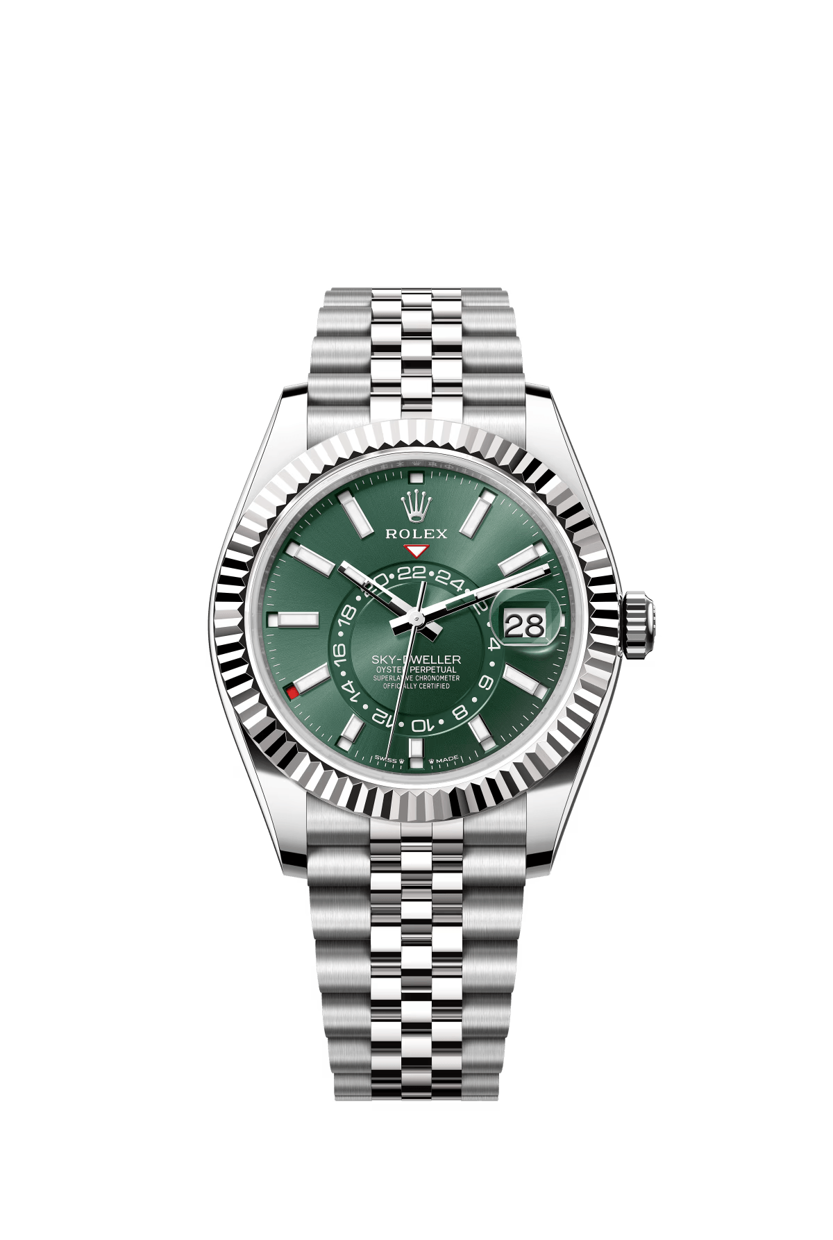 The Oyster Perpetual Sky-Dweller is available in white gold and Oystersteel with a mint green dial and a Jubilee bracelet. -m336934-0002 42mm
