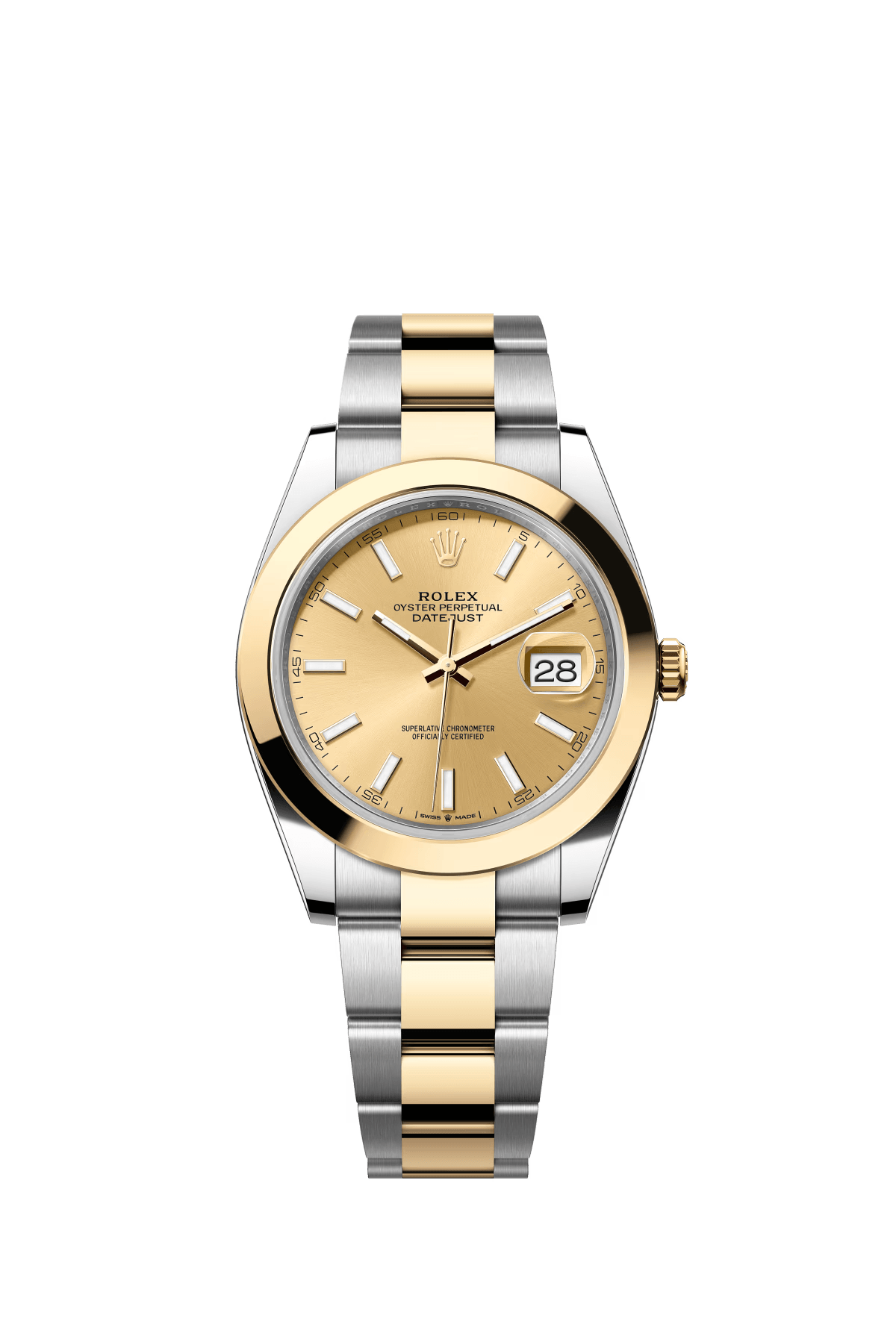 The Oyster Perpetual Datejust 41 is available in yellow gold and Oysteel, with a champagne-coloured dial and an Oyster bracelet. -m126303-0009