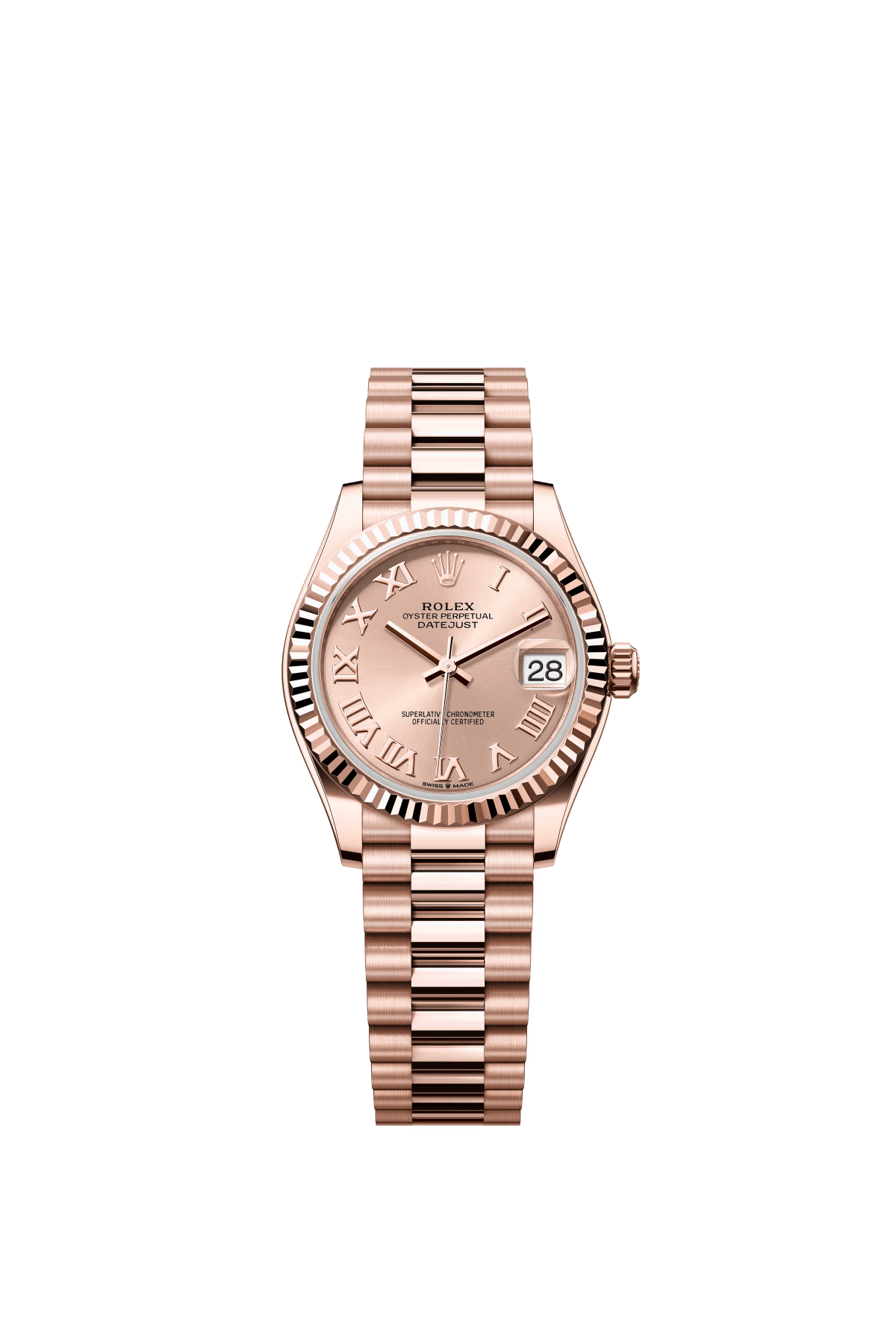 The Oyster Perpetual Datejust 31 is available in 18 ct Everose gold with a rose gold-tone dial and a President bracelet. -m278275-0035