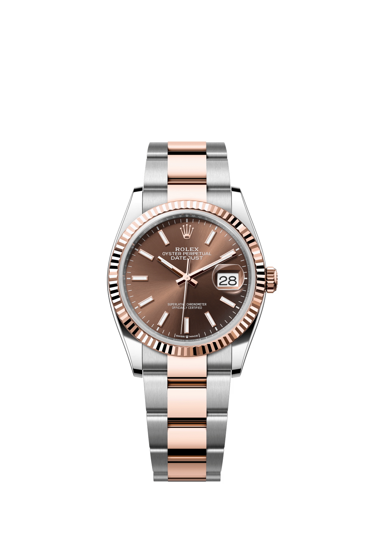 The Oyster Perpetual Datejust 36 is available in Everose gold and Oysteel with a chocolate-coloured dial and an Oyster bracelet. -m126231-0044